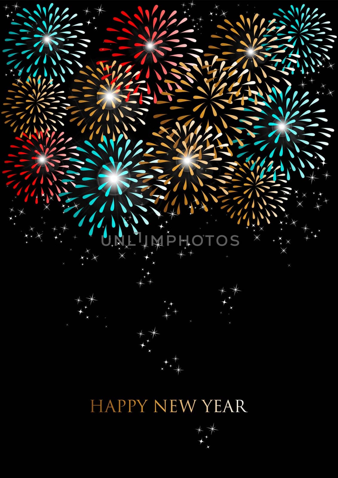 Happy new year holidays fireworks greeting card background. EPS10 illustration organized in layers for easy editing.
