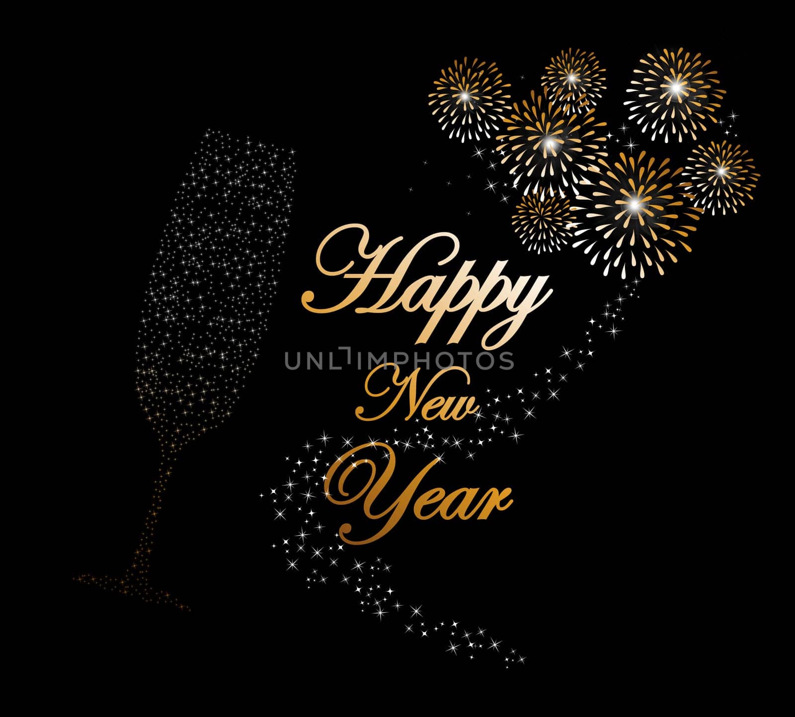Happy new year 2014 holidays champagne flute glass with fireworks sparkles greeting card background. EPS10 illustration organized in layers for easy editing.