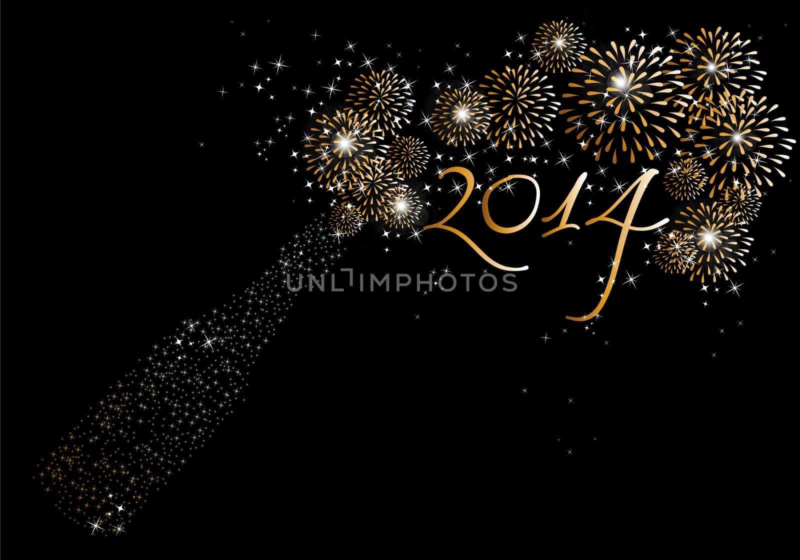 Happy new year 2014 holidays fireworks and champagne bottle greeting card background. EPS10 illustration organized in layers for easy editing.