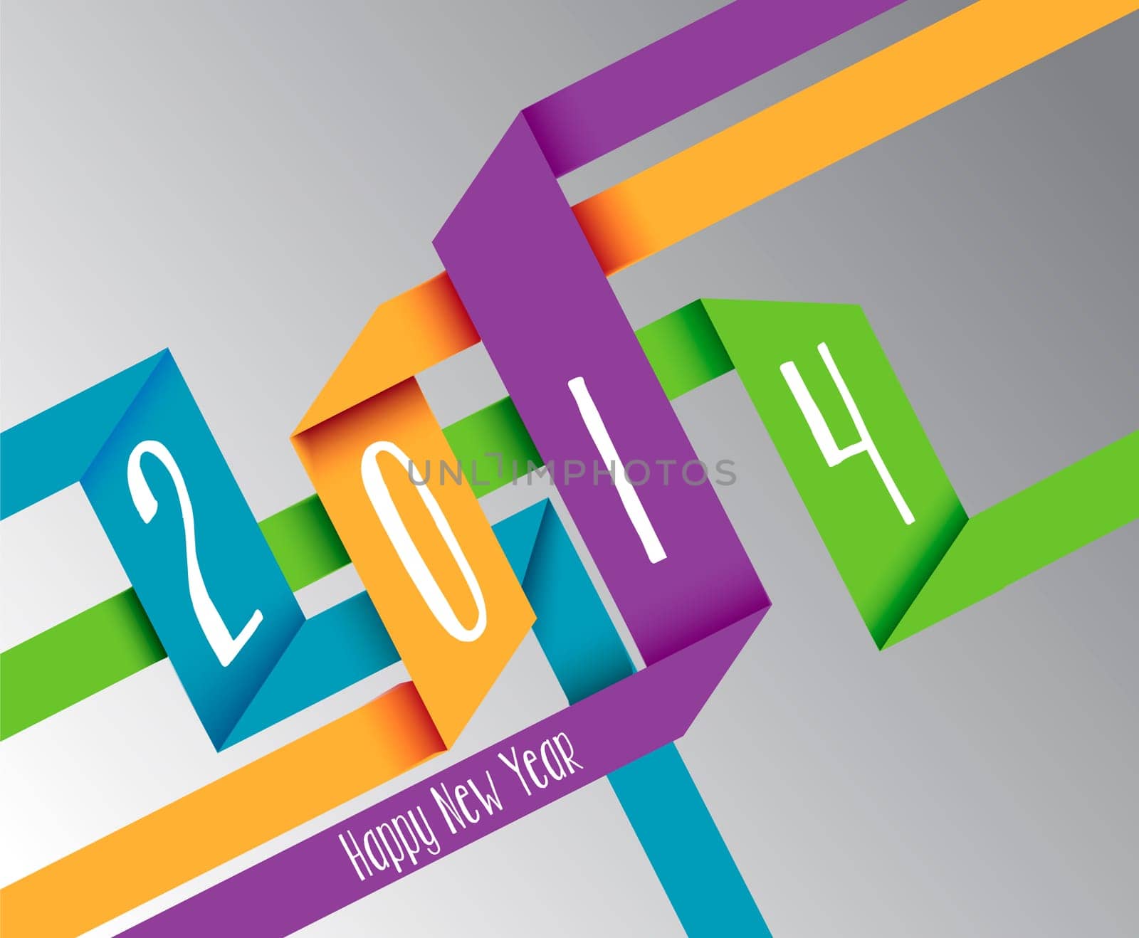 Happy new year 2014 3D colors ribbon postcard background. EPS10 vector file with transparency layers.