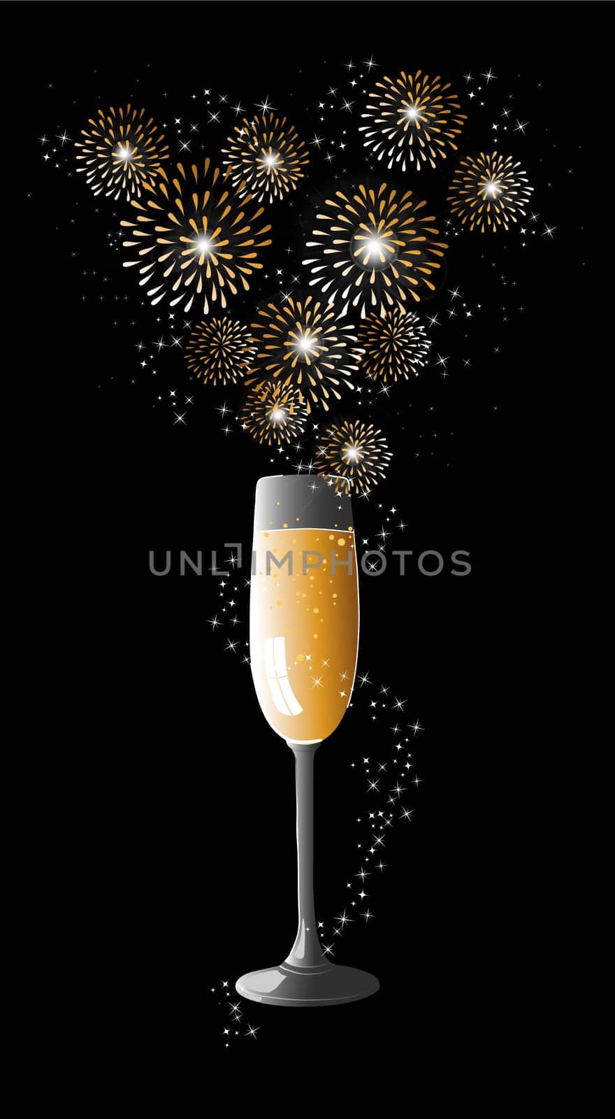 Happy new year 2014 holidays champagne flute with fireworks sparkles greeting card background. EPS10 illustration organized in layers for easy editing.