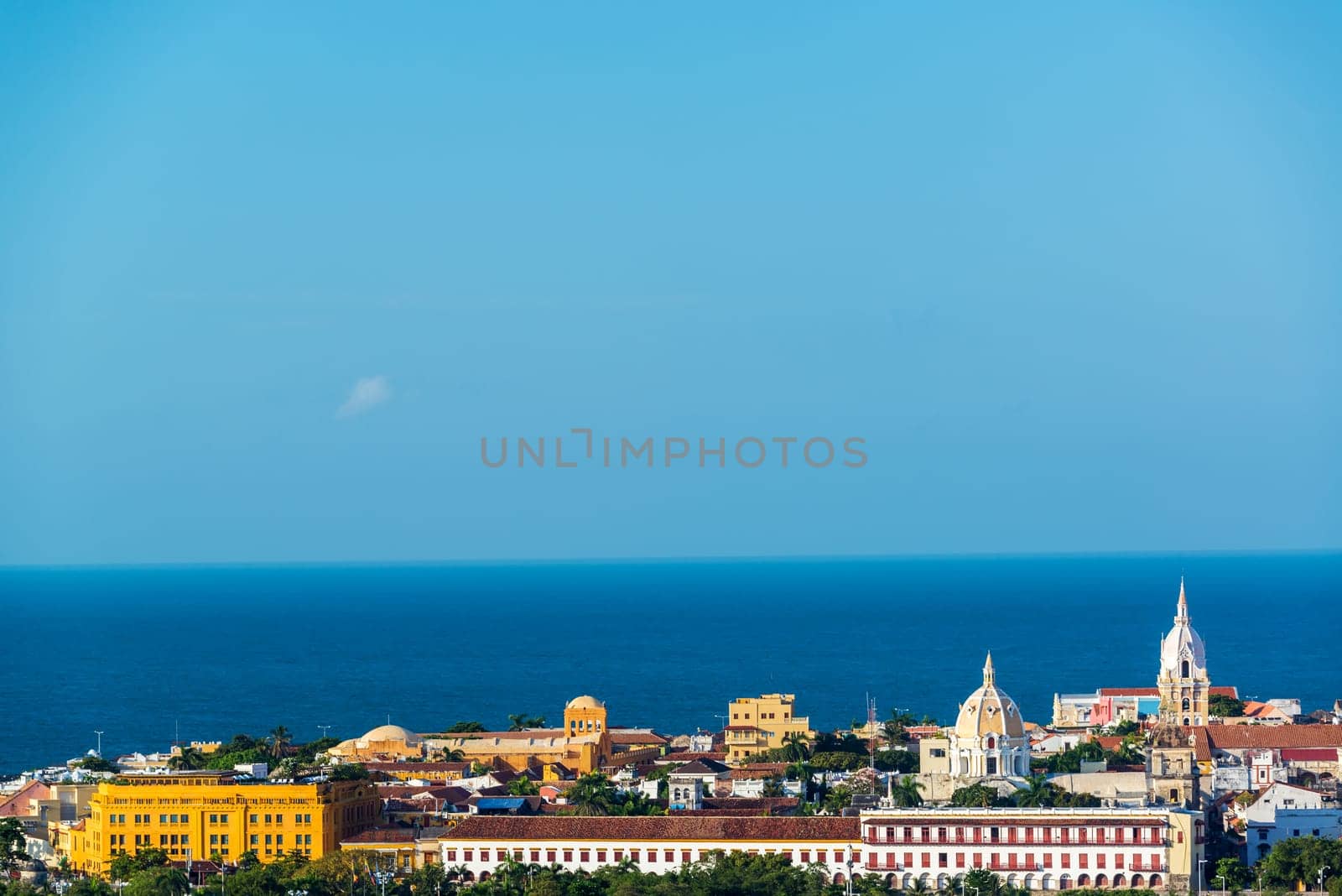 View of the historic center of Cartagena, Colombia with the Caribbean Sea visible in the background