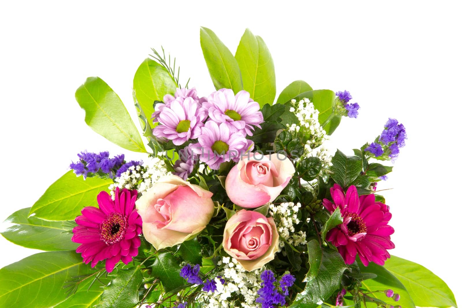 A bouquet of roses,gerberas,statize and laurel