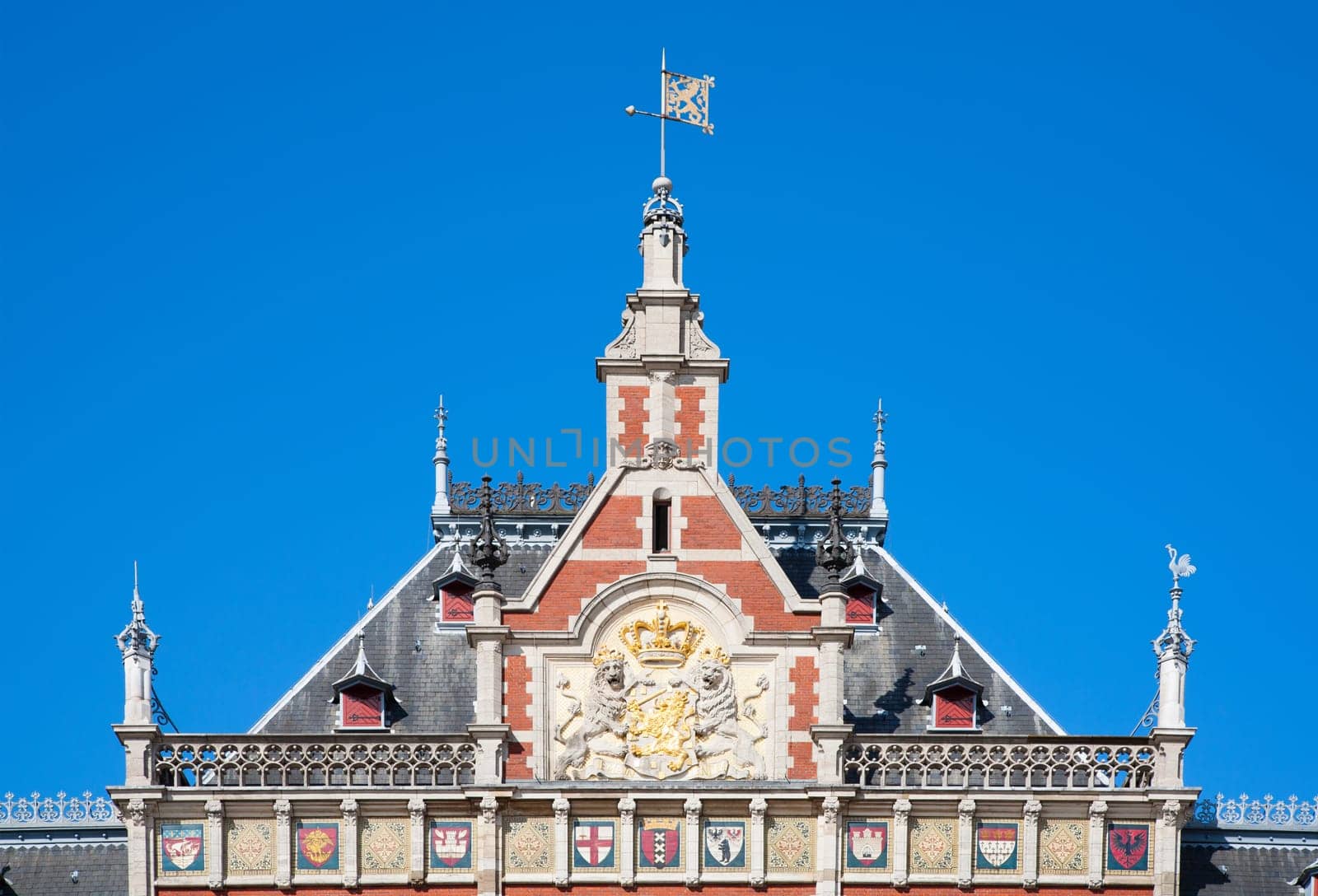 Facade of the central station in Amsterdam, the Netherlands.