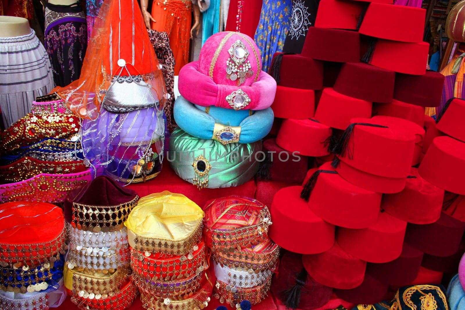 Traditional fez and on display at a touristic street market in Istanbul