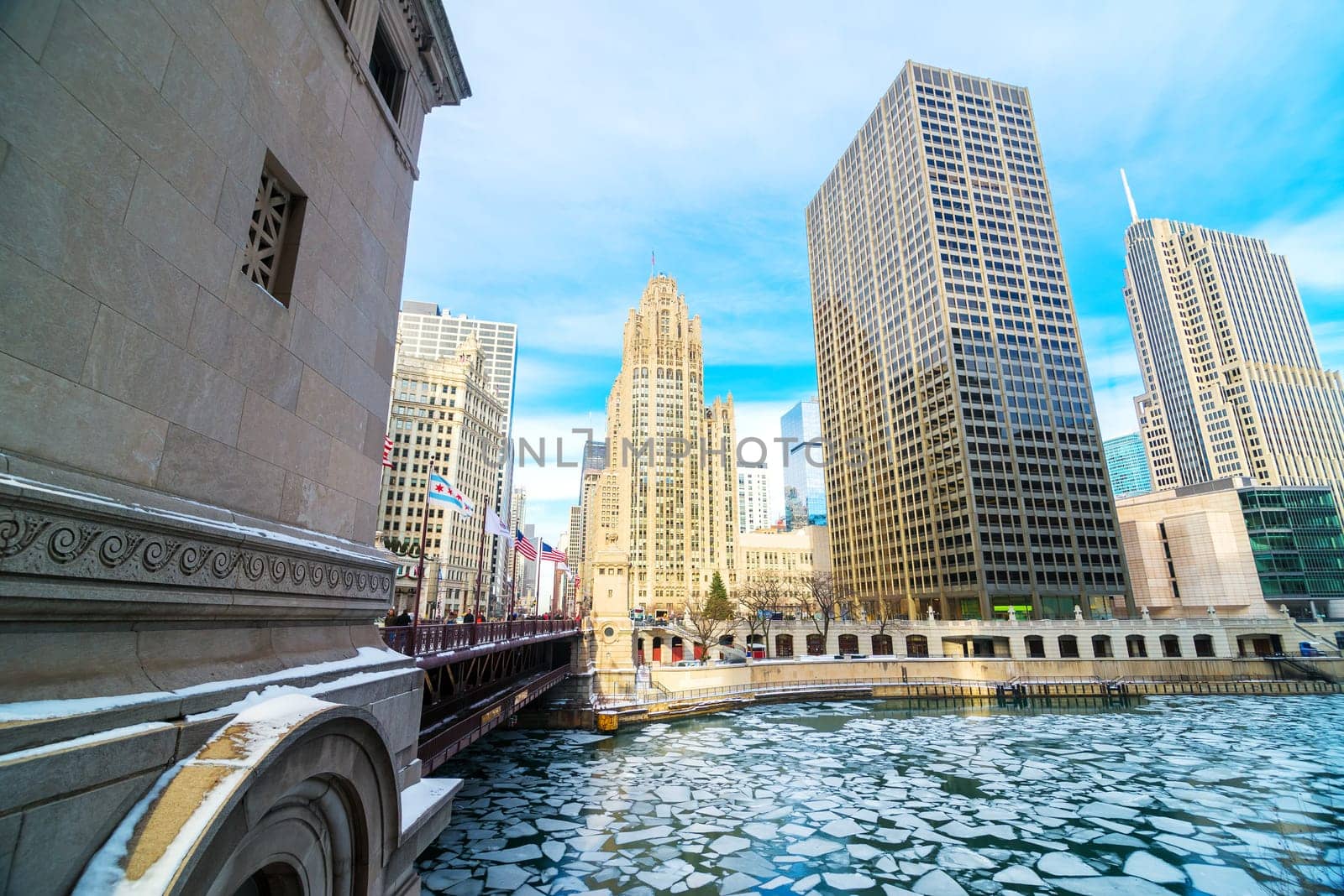 Icy Chicago River in downtown Chicago