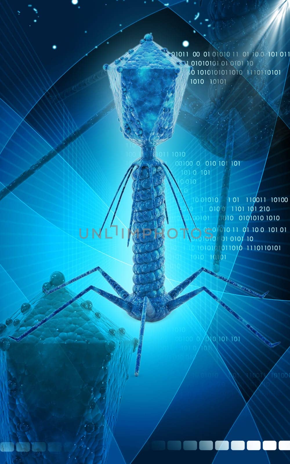 Digital illustration of Bacteria phage in colour background