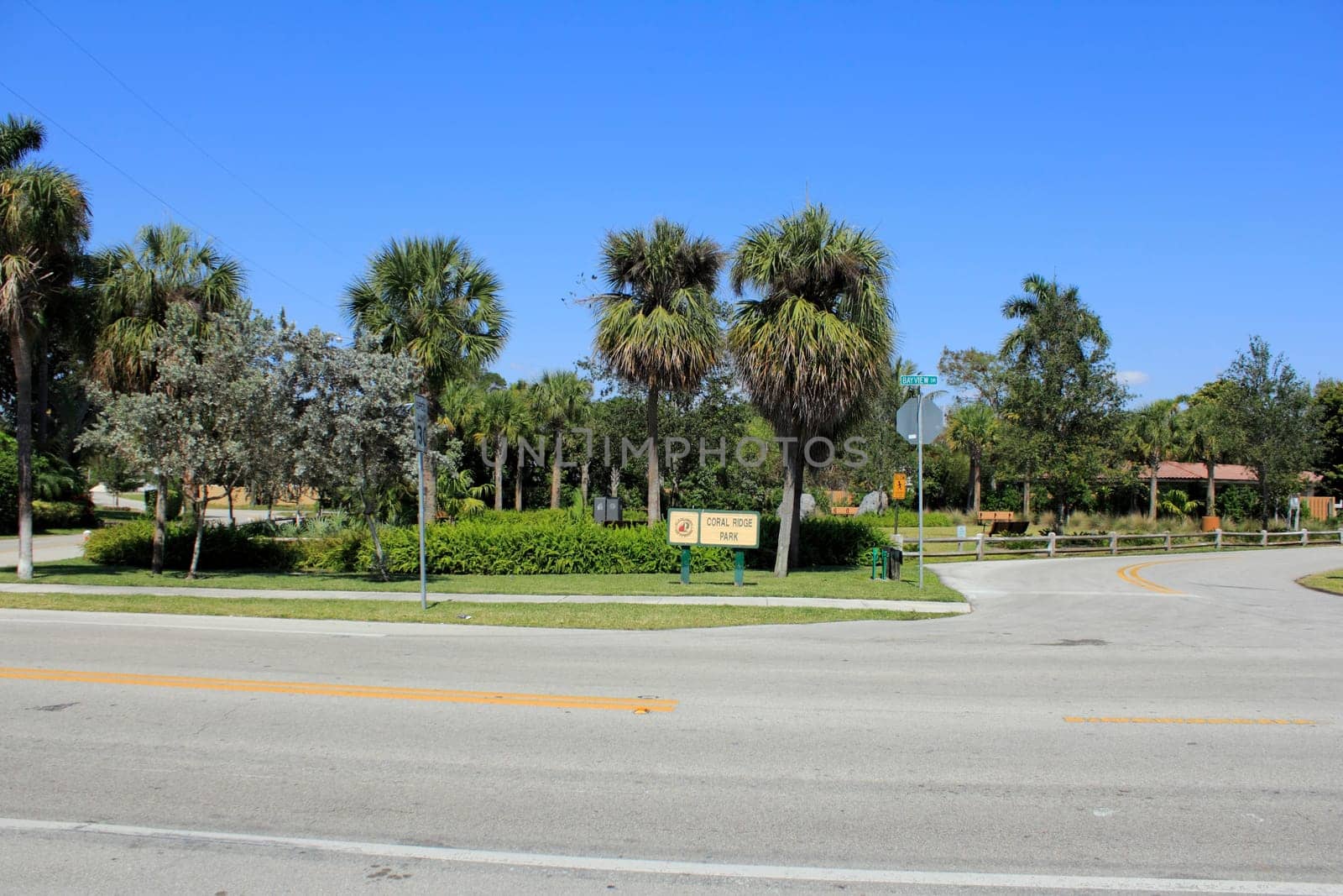 FORT LAUDERDALE, FLORIDA - MARCH 30, 2013: .3 acre Coral Ridge Park located at 2401 NE 27th Terrace, 33305, in an affluent part of the city, has a bike rack, benches, picnic tables and play boulders.