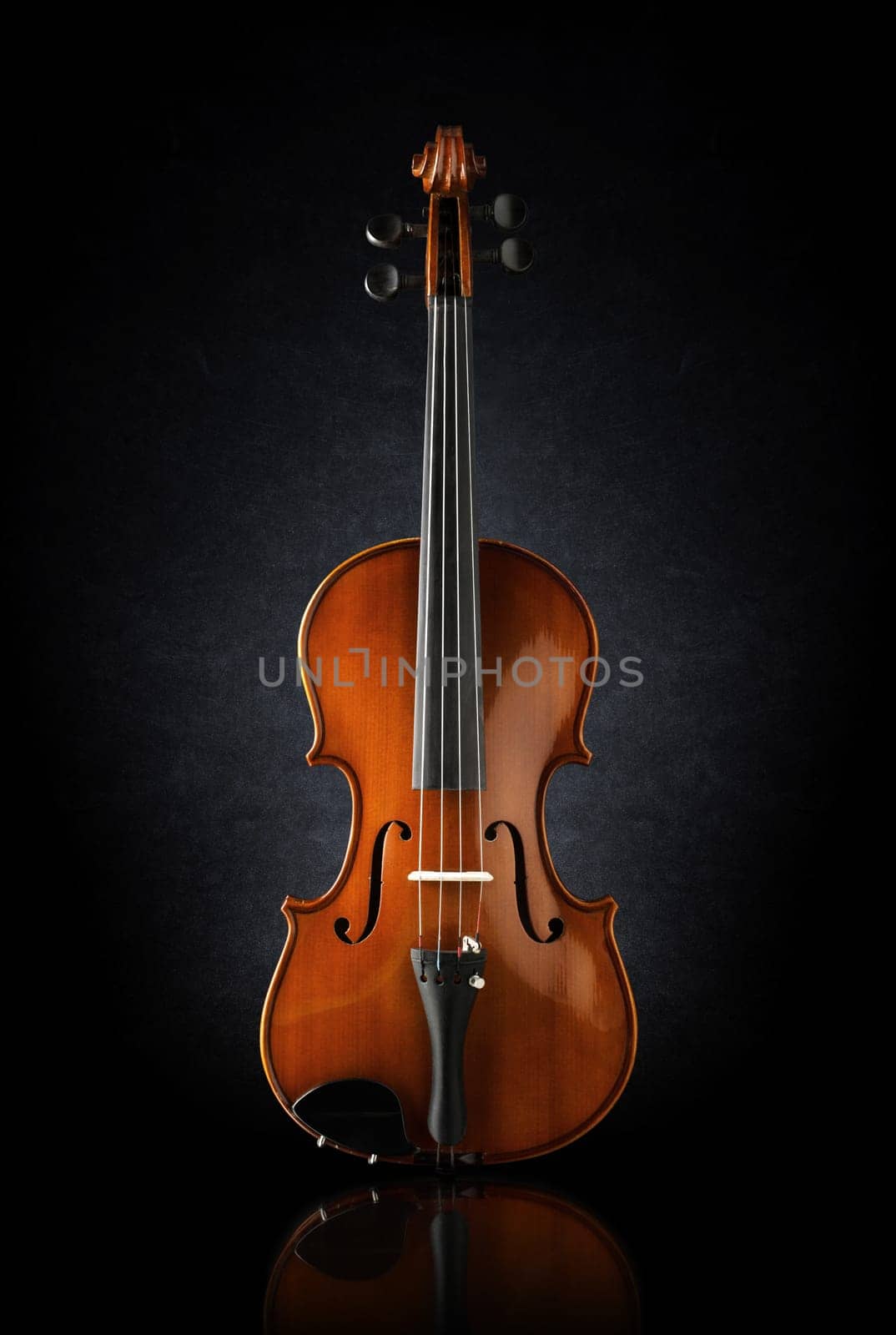 front view shot of a violin on black background