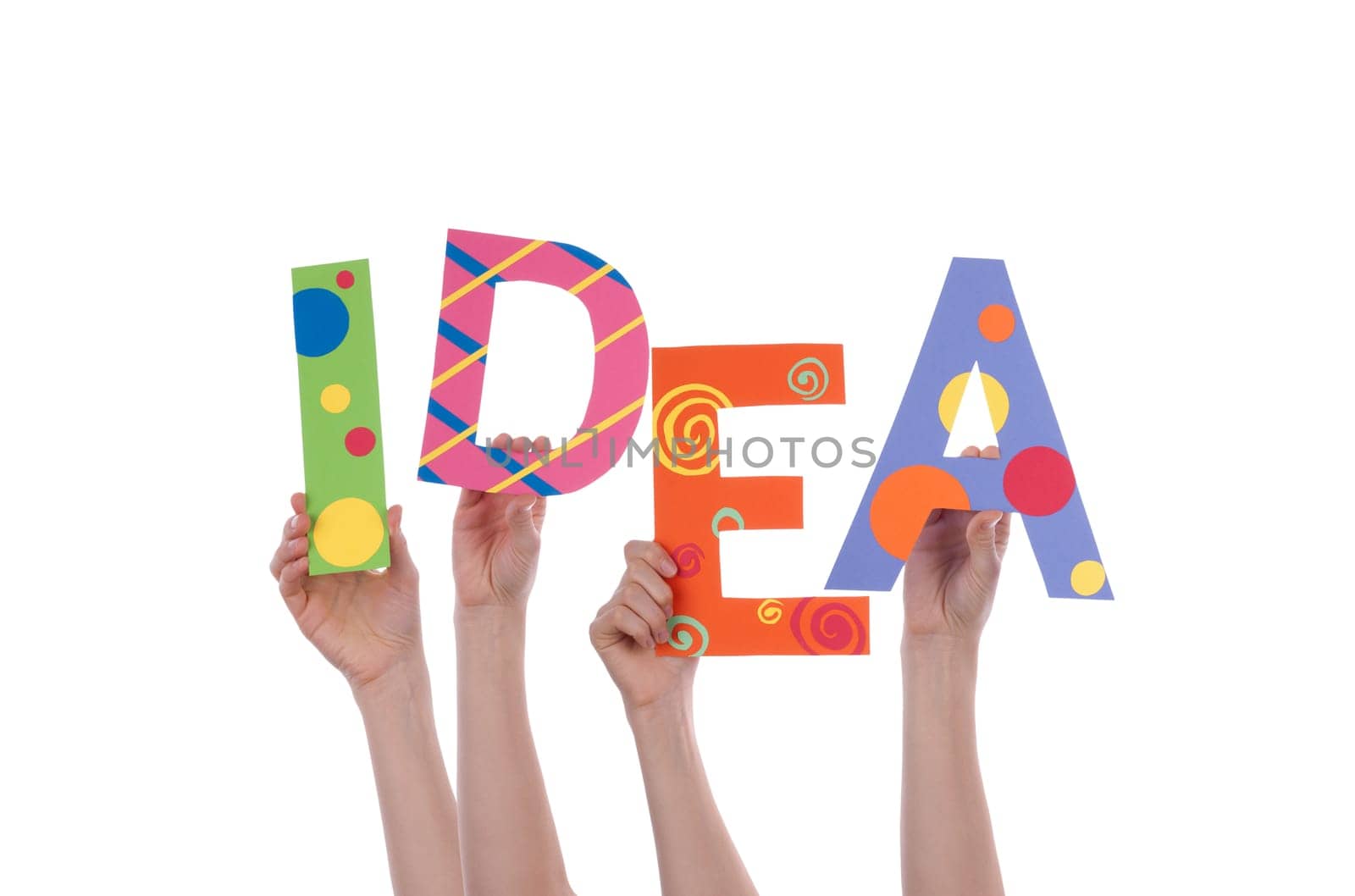 Many Hands Holding the Colorful Word Idea, Isolated