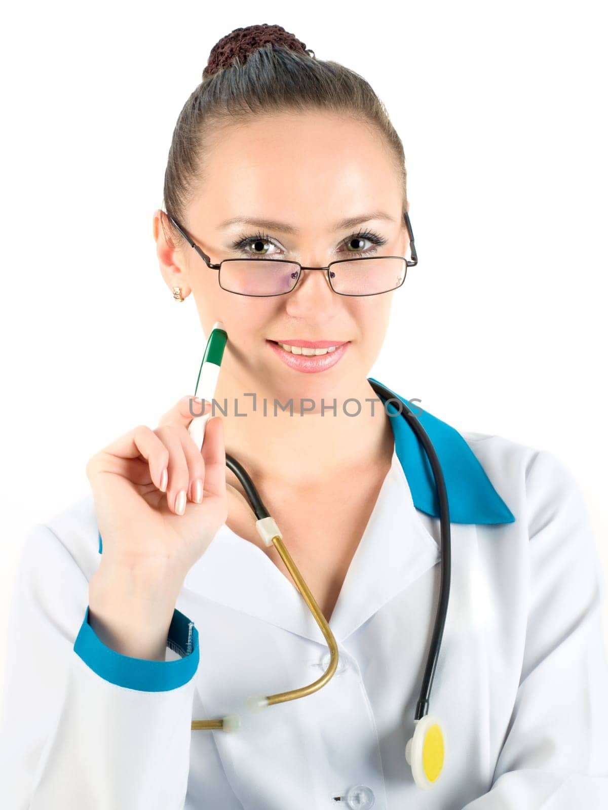 Sexy nurse with stethoscope on white background