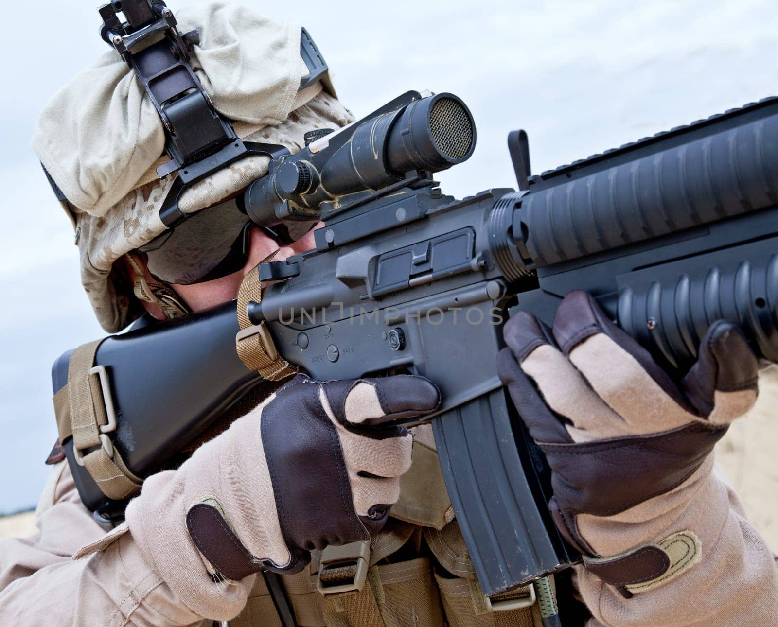 Close-up shot of US marine shooting his rifle