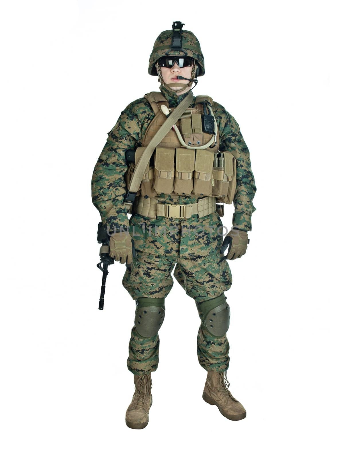 US soldier with his assault rifle on white background