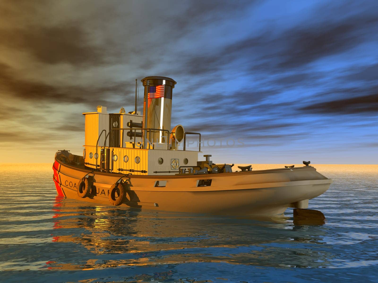 Computer-generated 3D illustration with an American coast guard ship