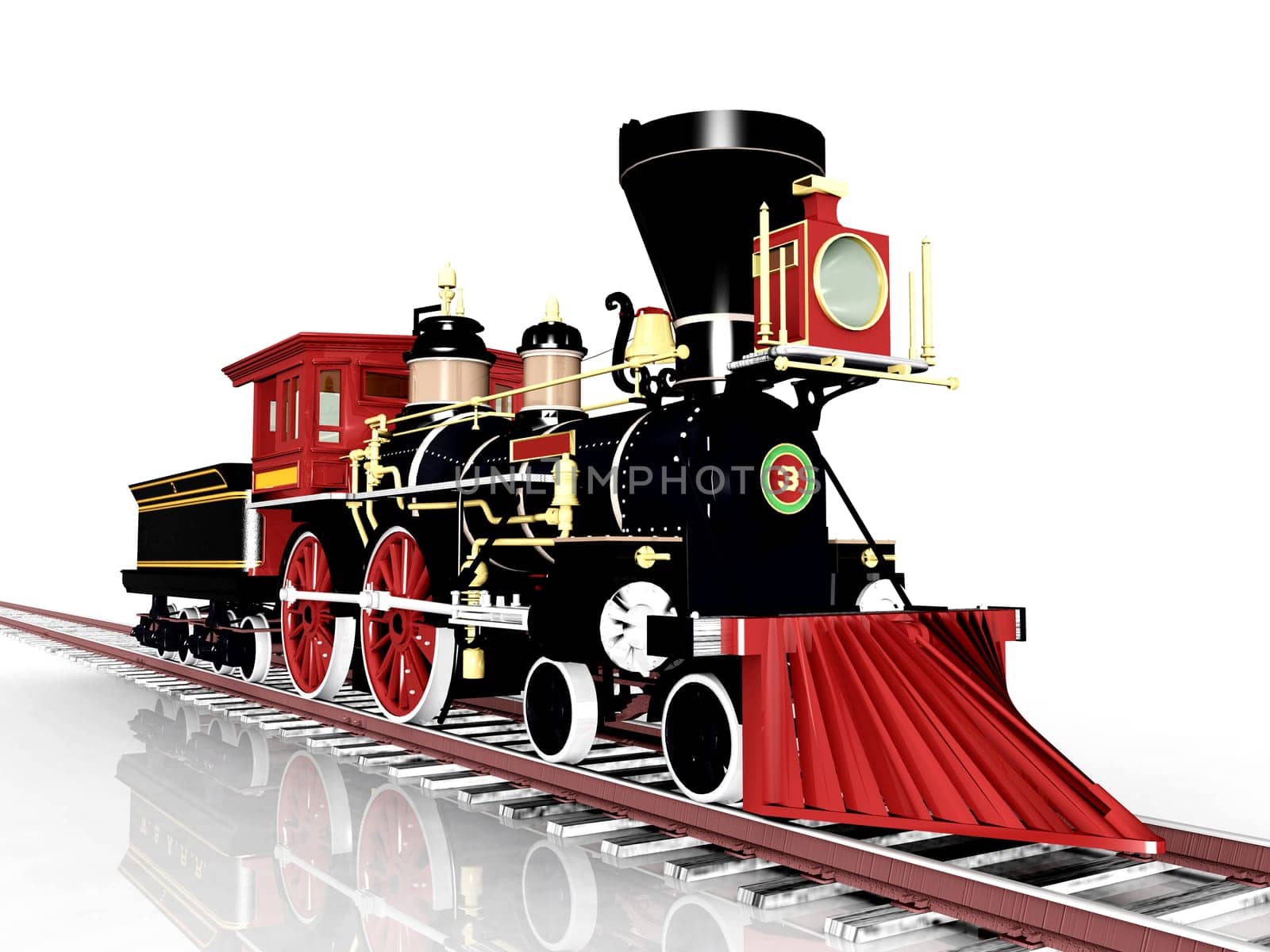 Computer-generated 3D illustration with an American steam locomotive from the 1850s