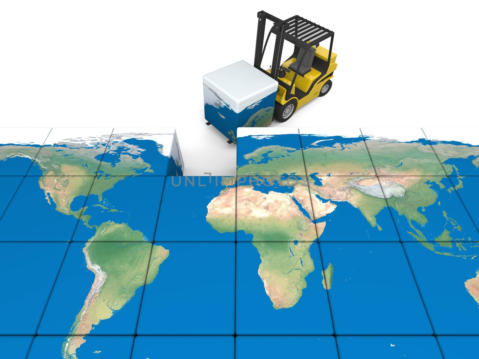 Concept of global transportation, modern yellow forklift carrying piece of global map, isolated on white background. Elements of this image furnished by NASA.