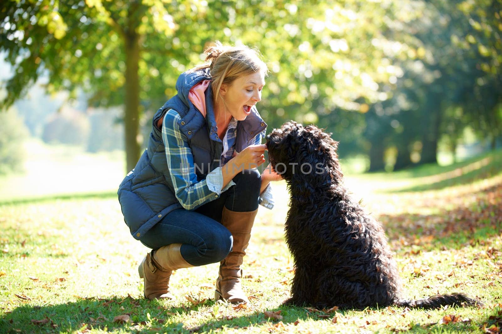 woman with black dog on a walk in the park