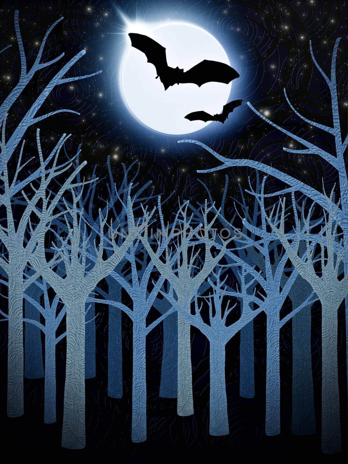 blue forest and full moon with bats