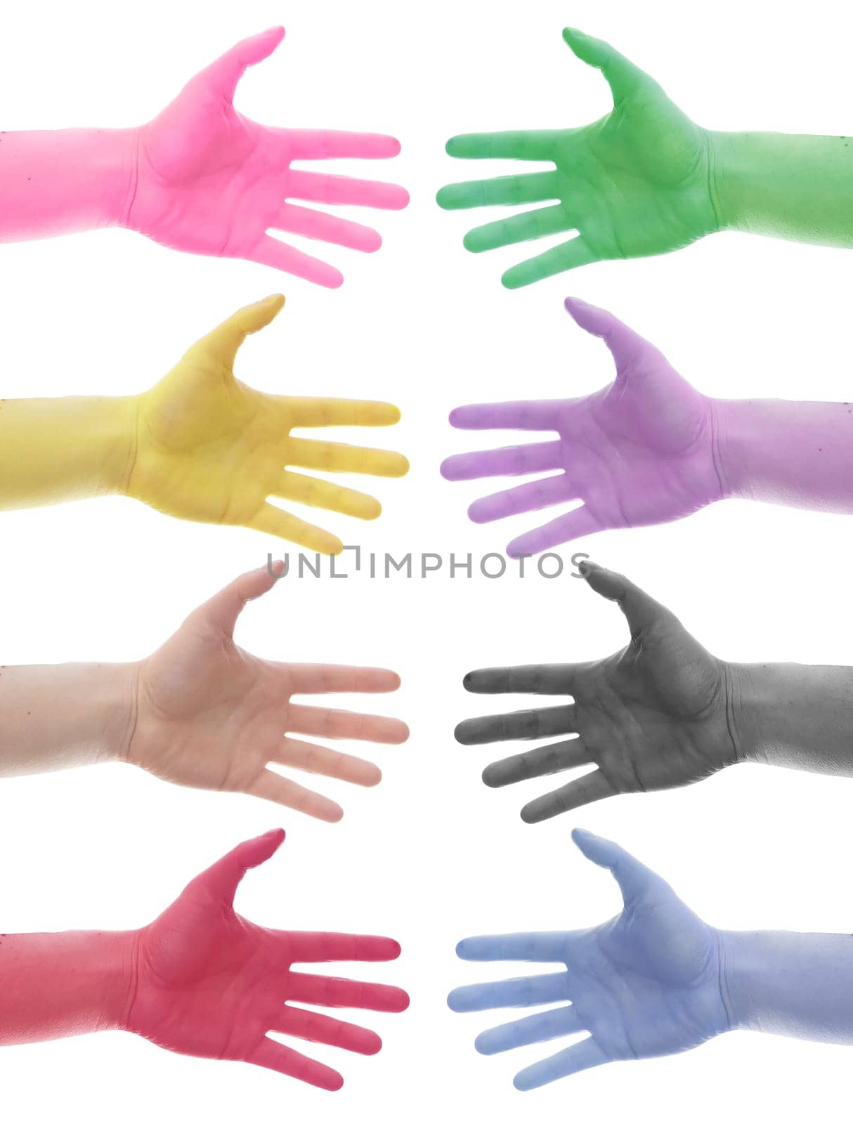 eight differrent colors hands on white background
