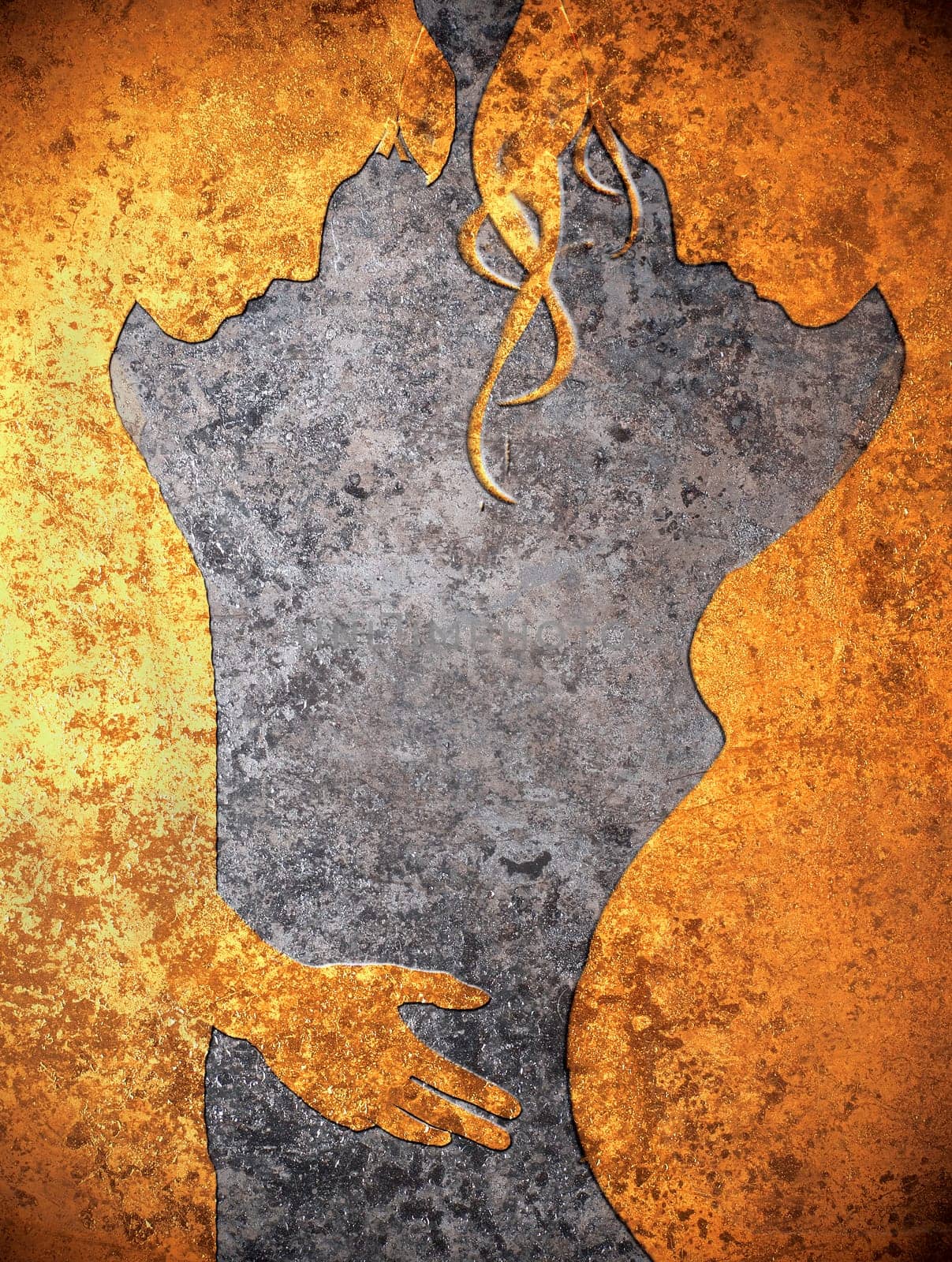man touching pregnant belly orange on grey illustration