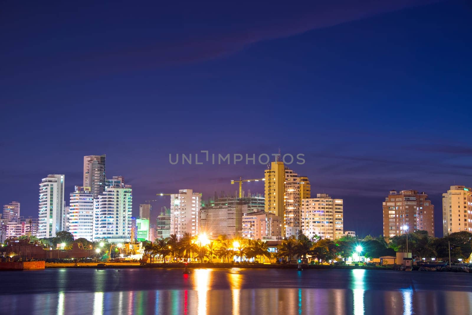 Nighttime view of the modern part of Cartagena, Colombia