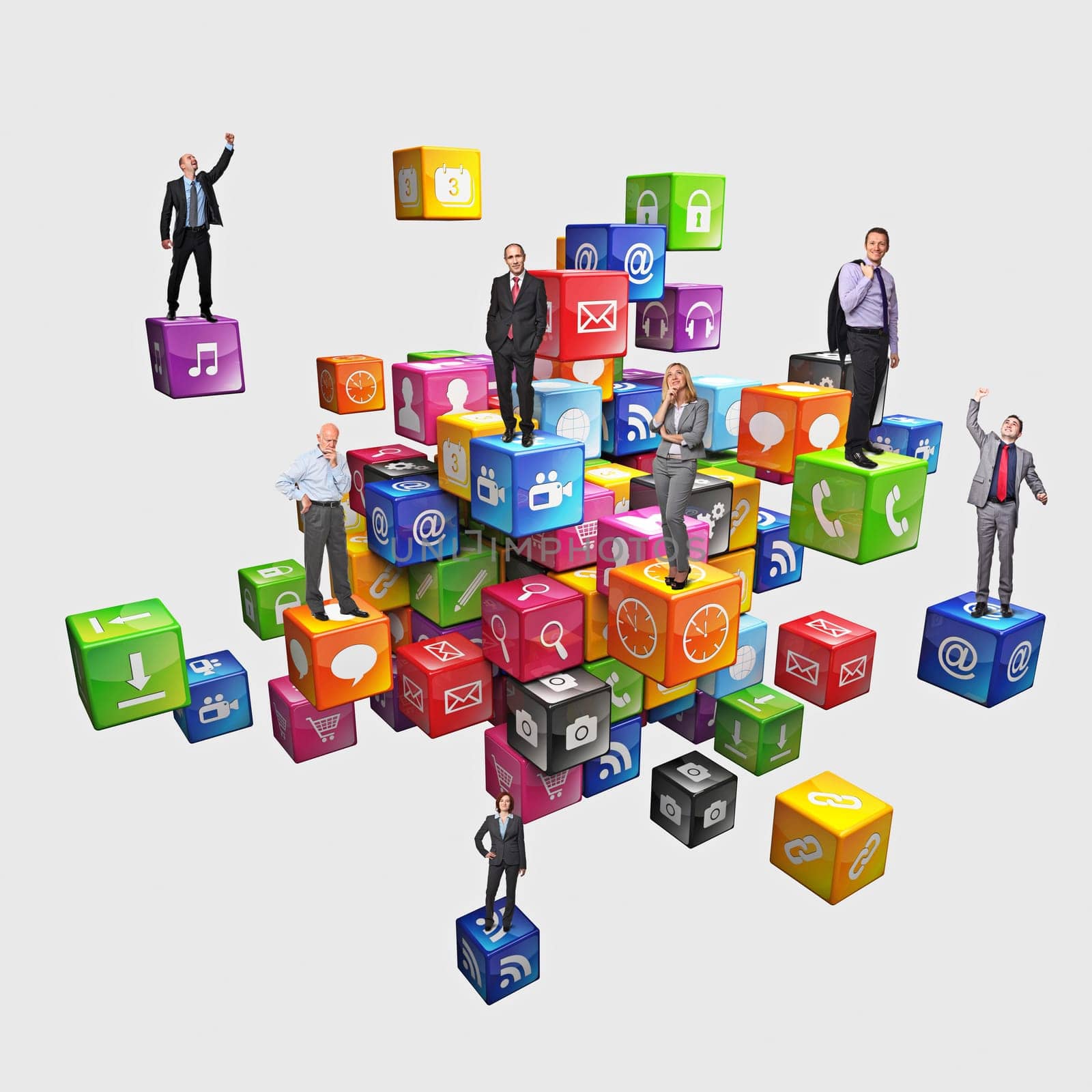 business people on abstract icons cubes