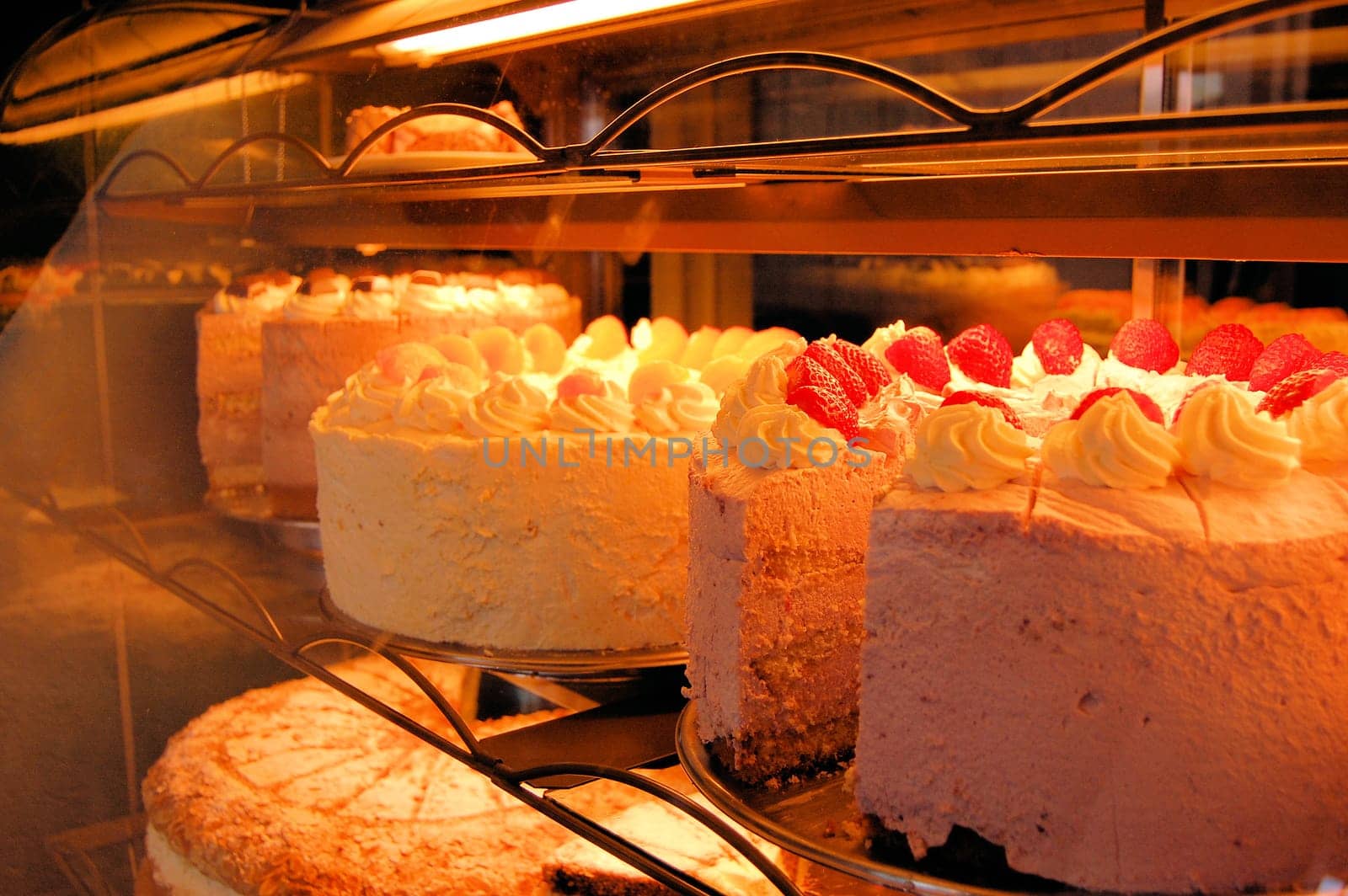 Giant German Cakes are on display in a German bakery