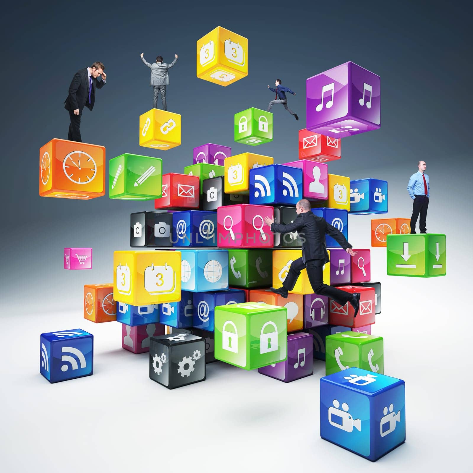 business people on abstract icons cubes