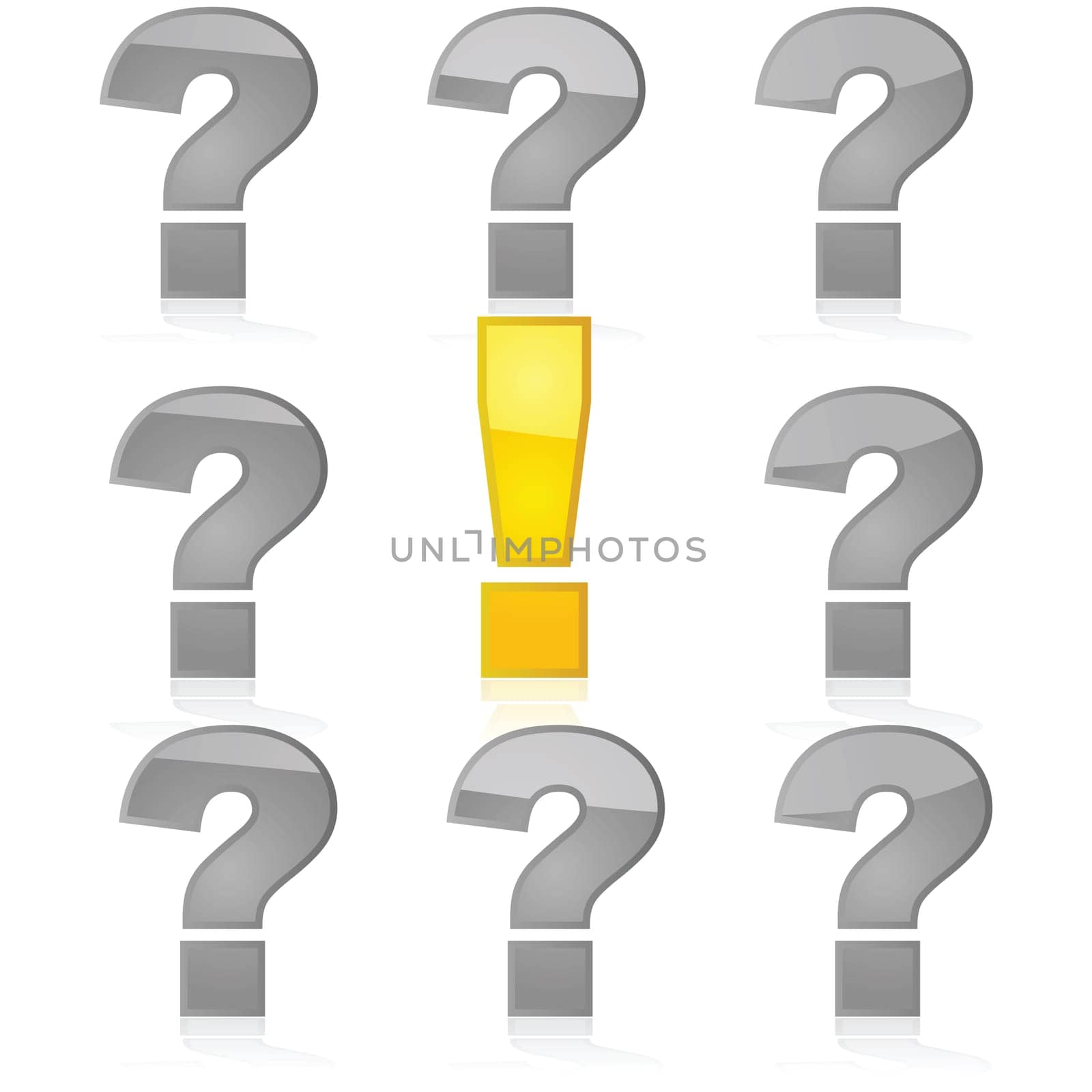 Concept illustration showing yellow exclamation mark among gray question marks