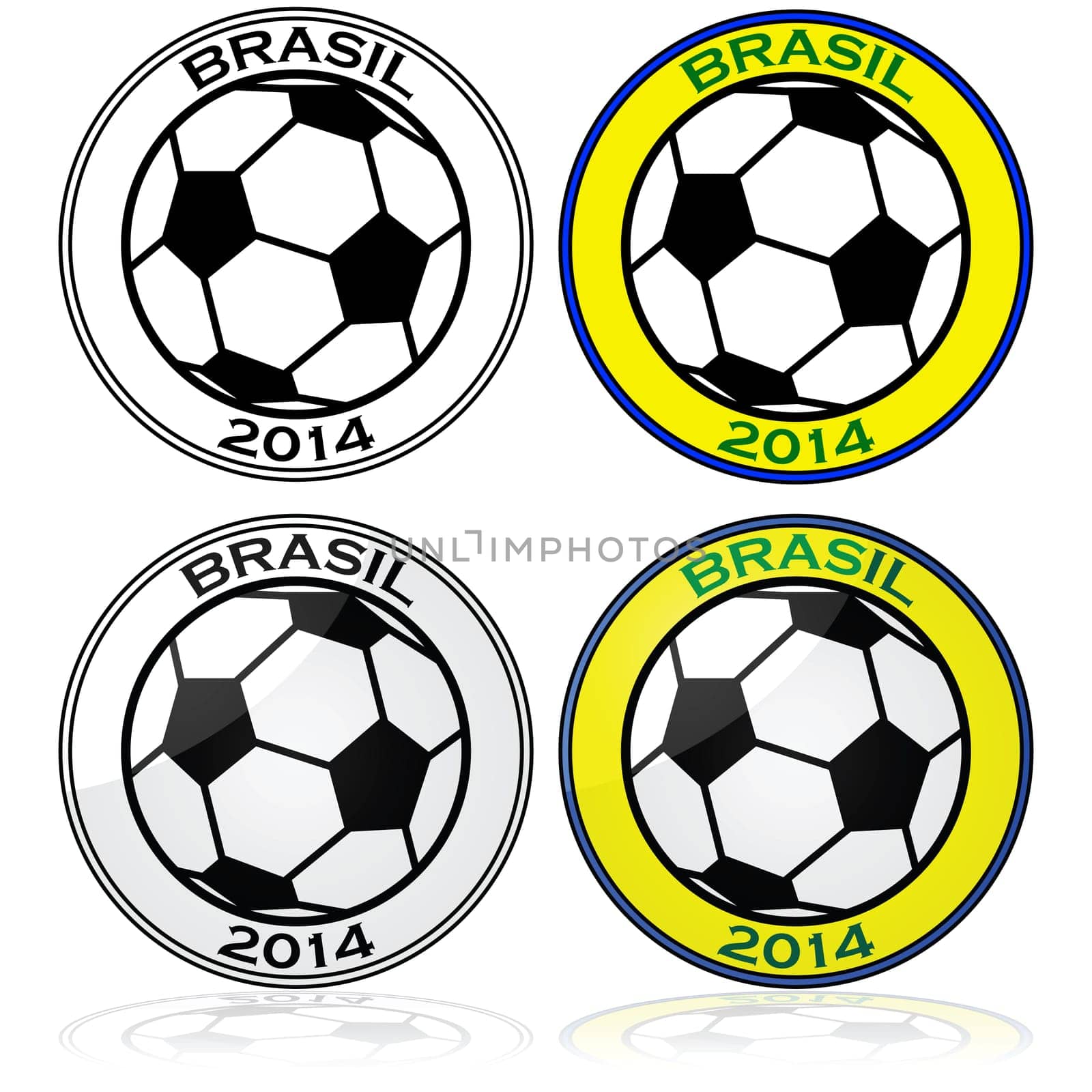 Illustration set showing four variations over a soccer ball surrounded by the words Brazil 2014 (with Portuguese spelling for Brazil).