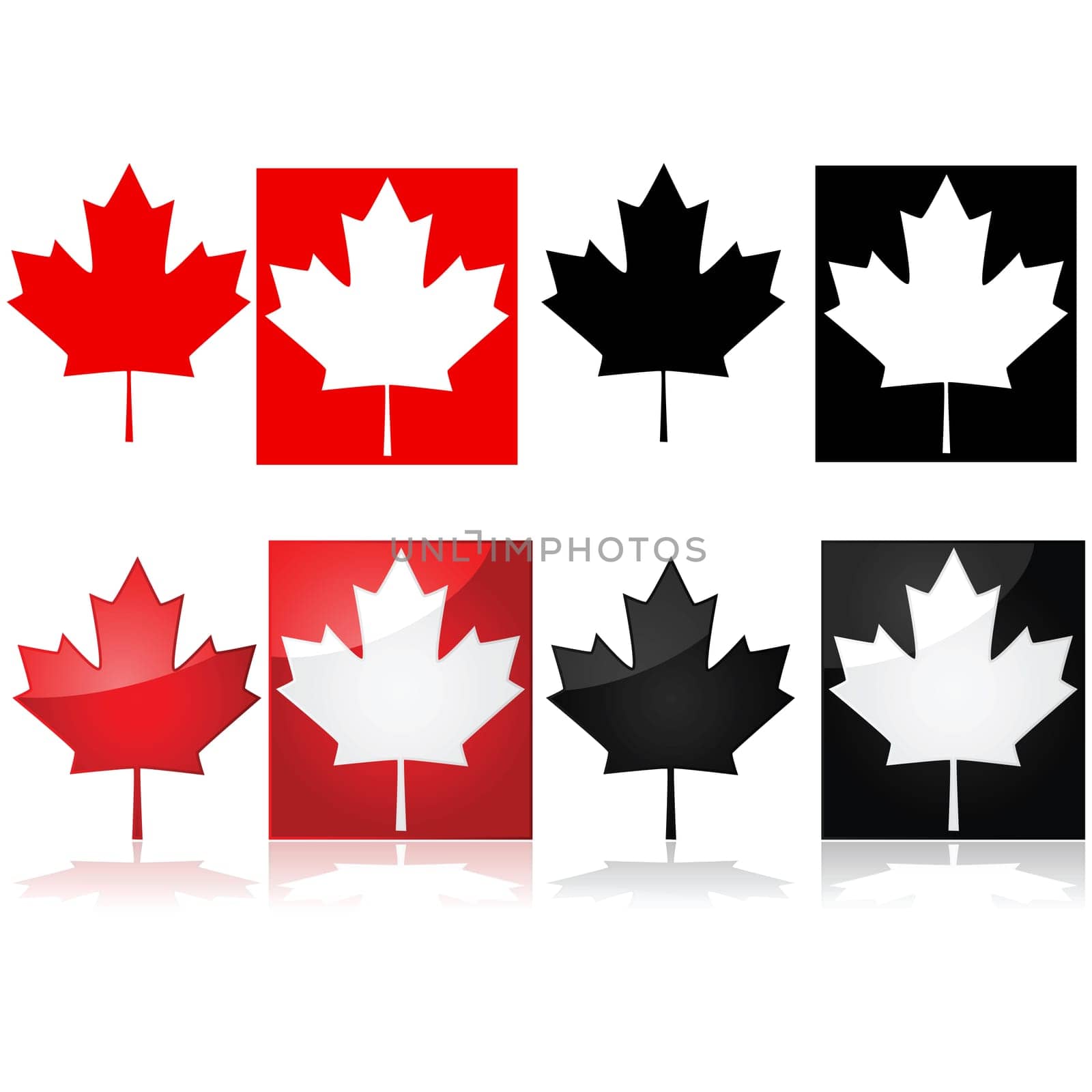 Series of icons depicting the Canadian maple leaf and red and white or black and white
