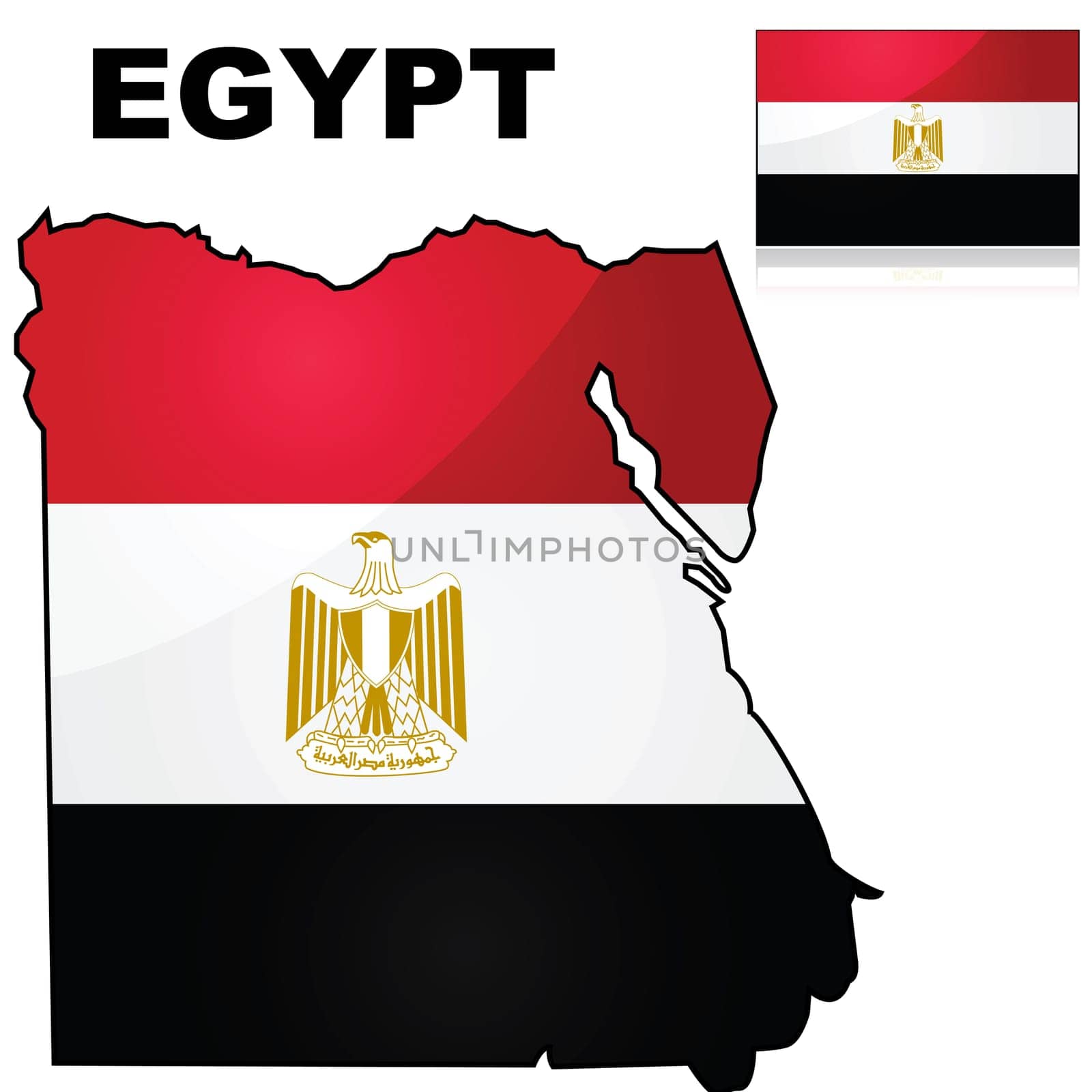 Glossy illustration showing the flag of Egypt over the country's map