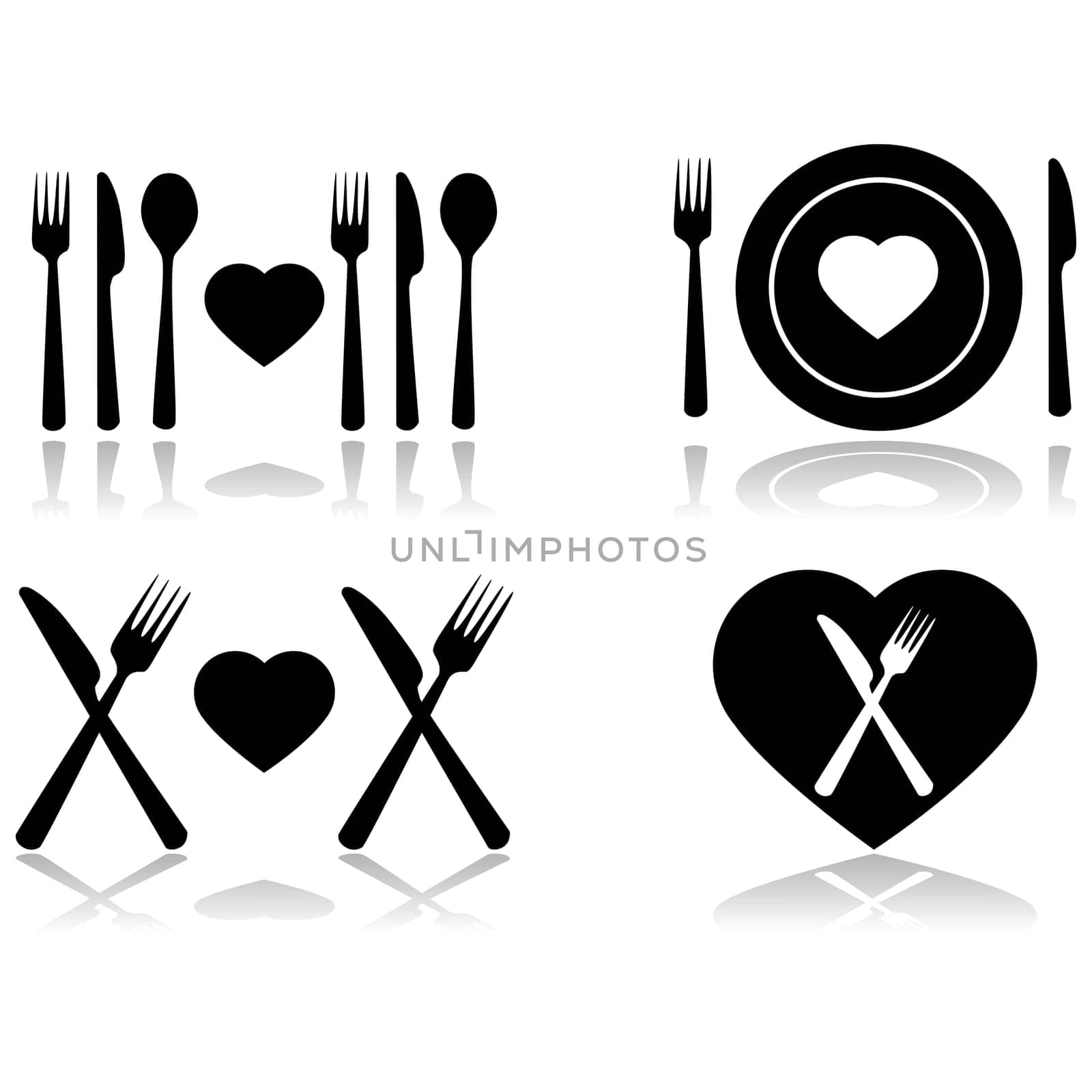 Illustration set showing four different icons symbolizing a dinner date