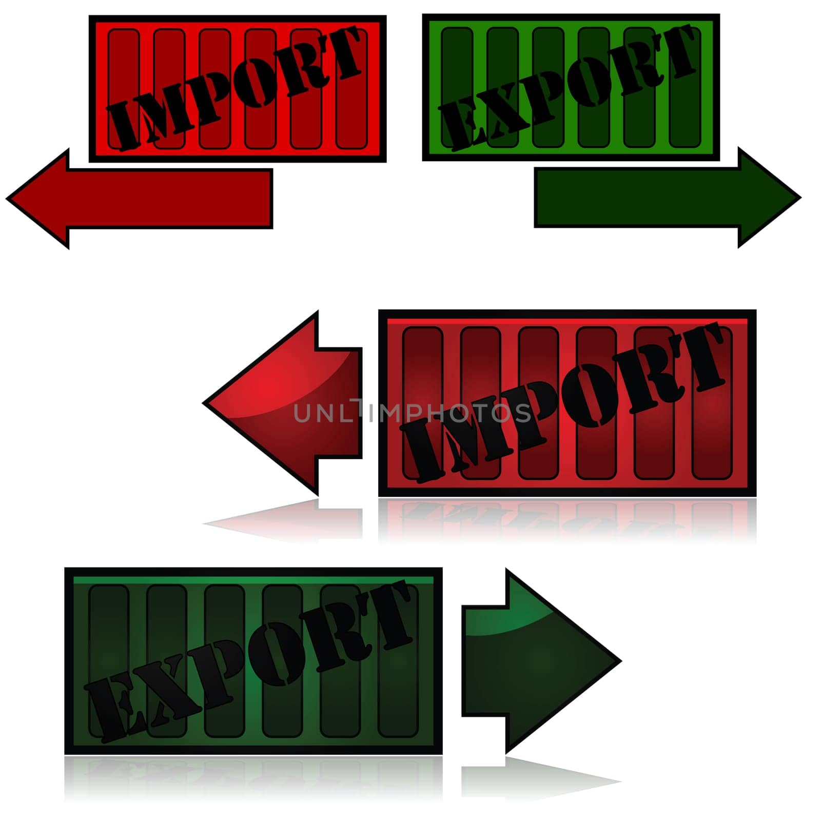 Concept illustration showing containers with the words "import"" and ""export"" and arrows beside them"