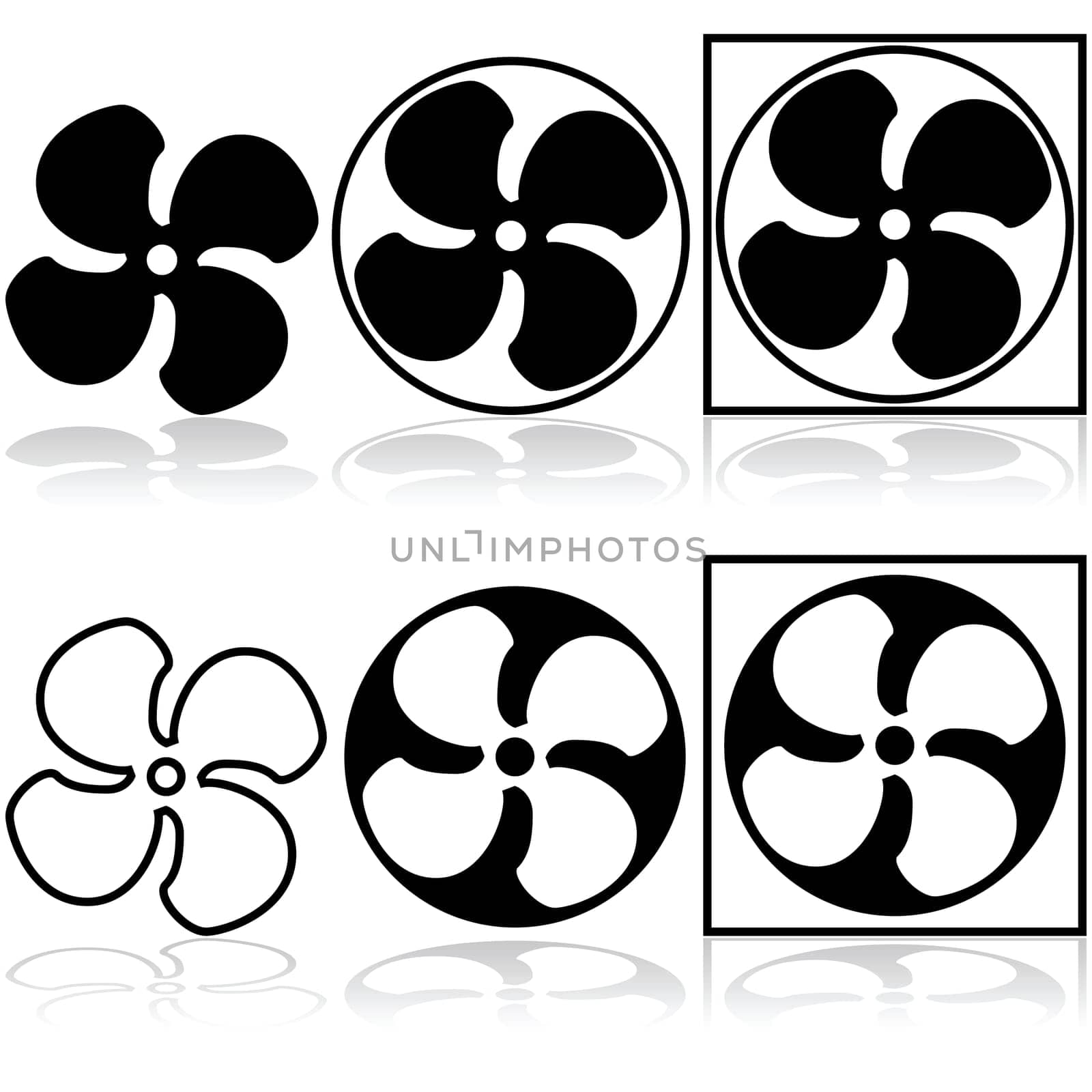 Icon set showing a fan by itself or inside a circle and square