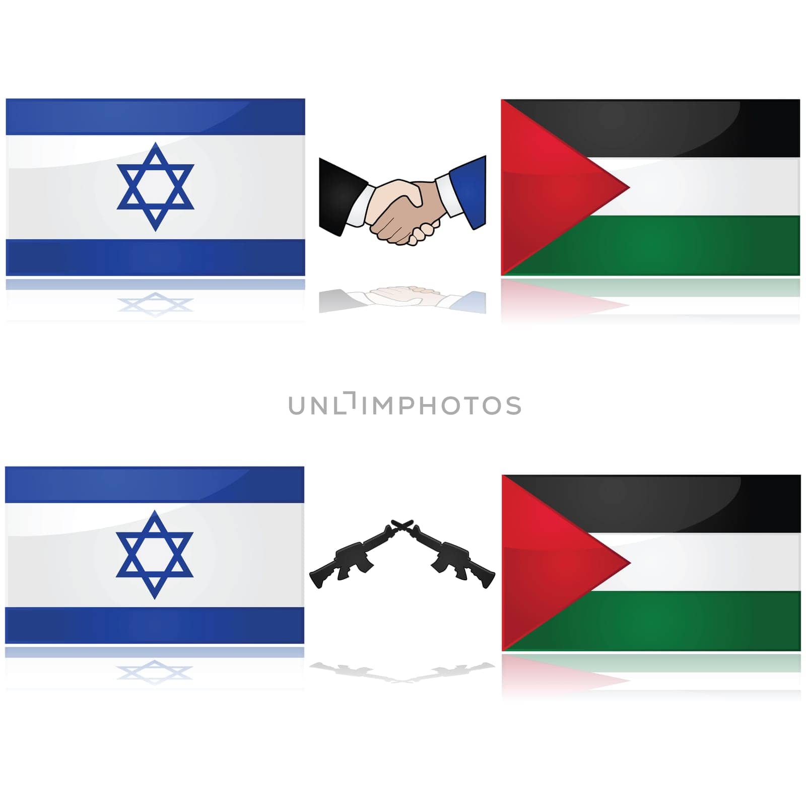 Concept showing the flags of Israel and Palestine divided by weapons or a handshake, signifying war and peace