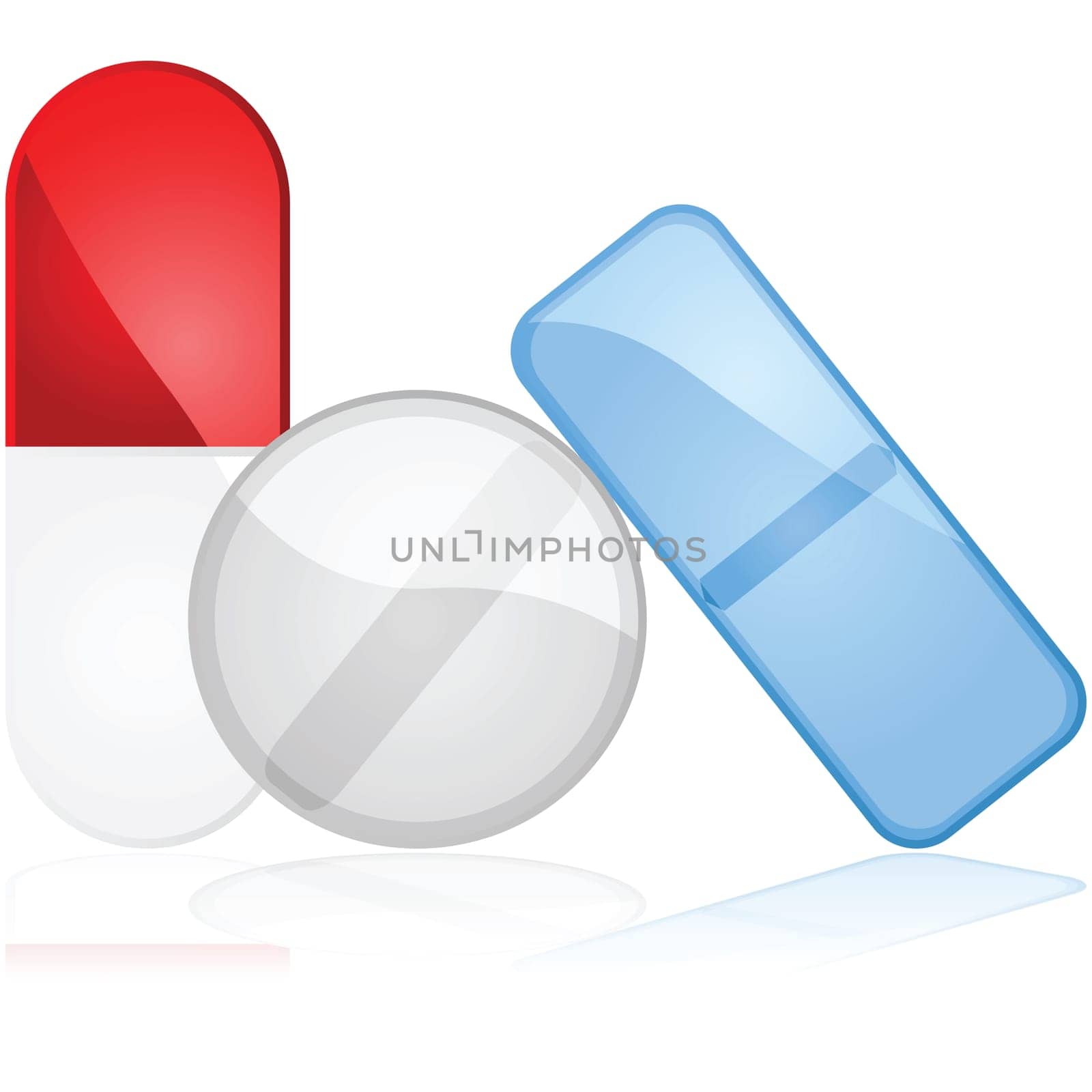 Glossy illustration showing different types of medicine pills