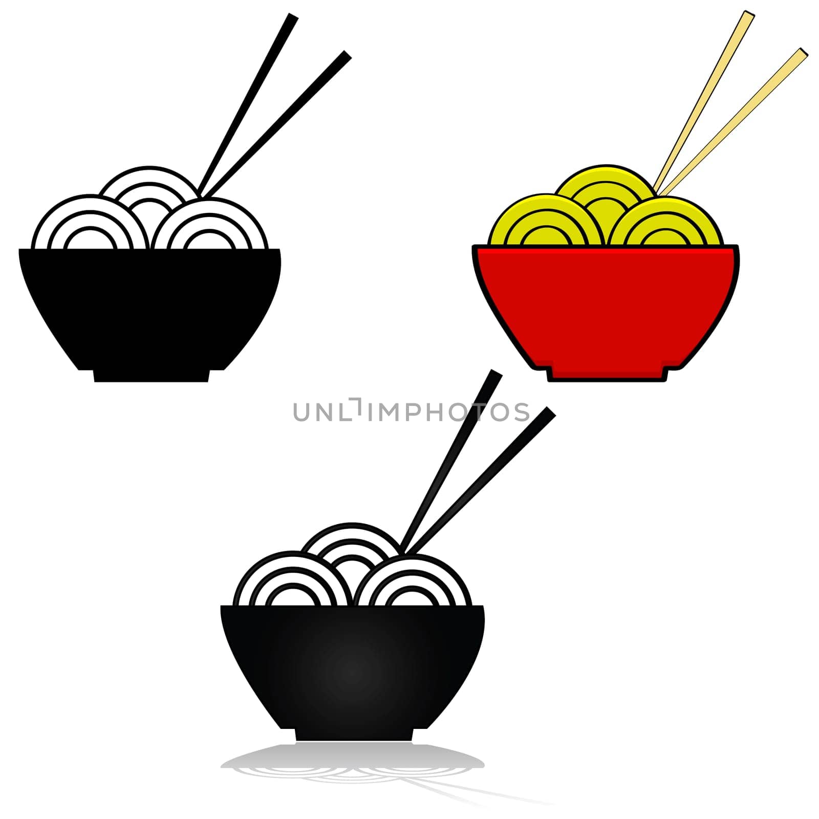 Illustration set showing three variations of an icon for a bowl of noodles