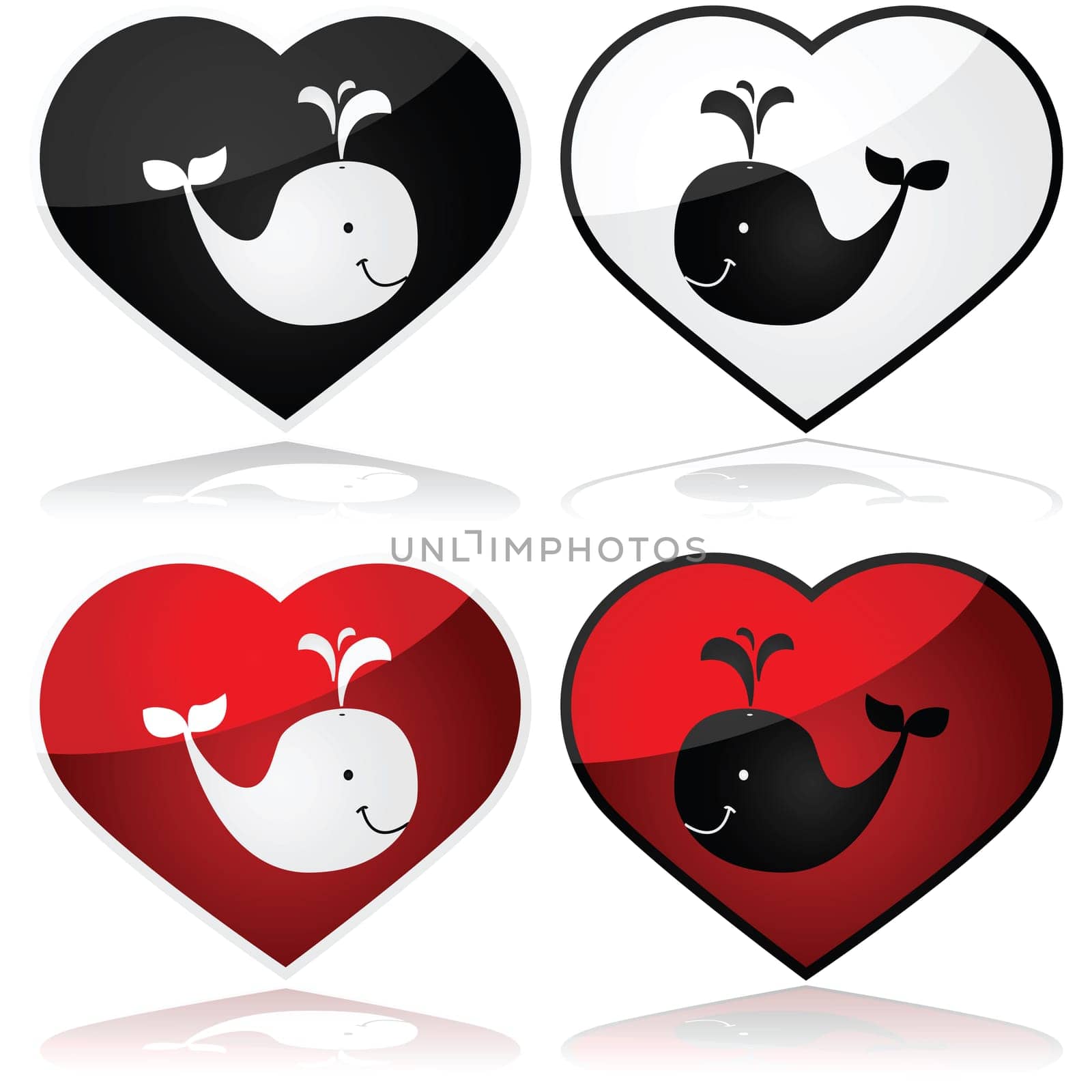 Cartoon illustration showing whales in love, with black and white variation