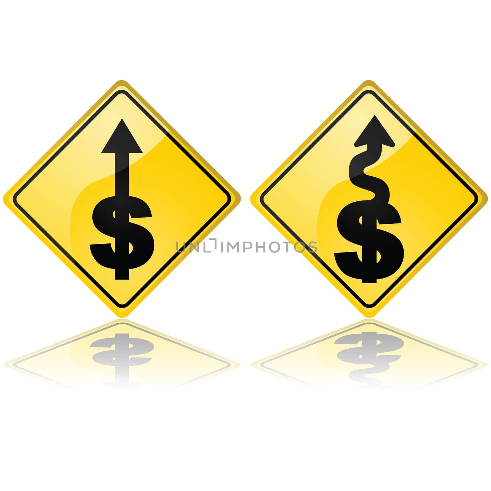 Concept traffic signs showing a straight arrow going up from a dollar sign, as well a a line with curves meaning a more treacherous way