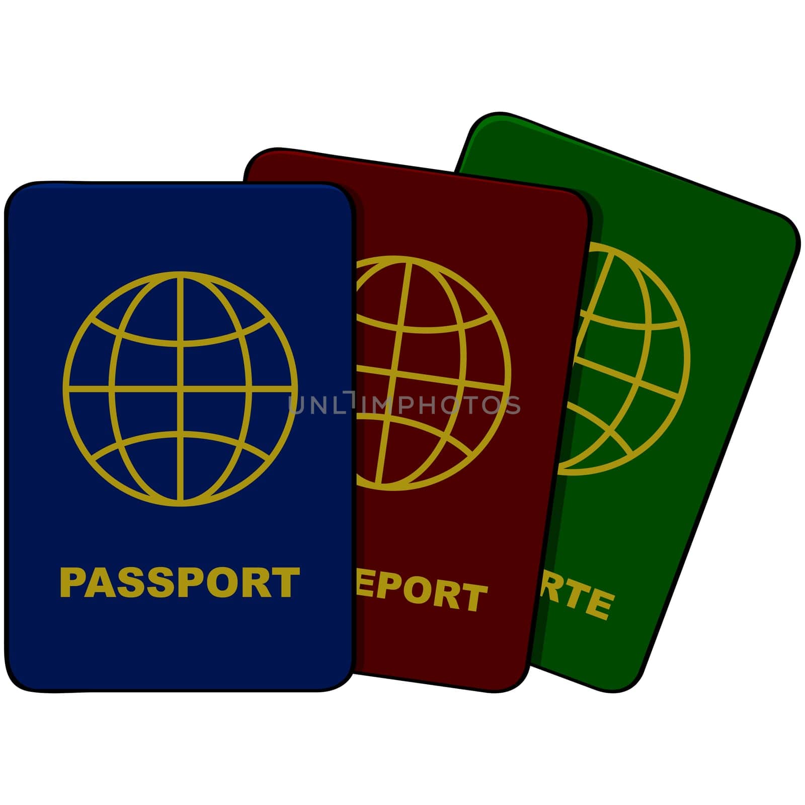 Cartoon illustration showing three passports in different colors and languages