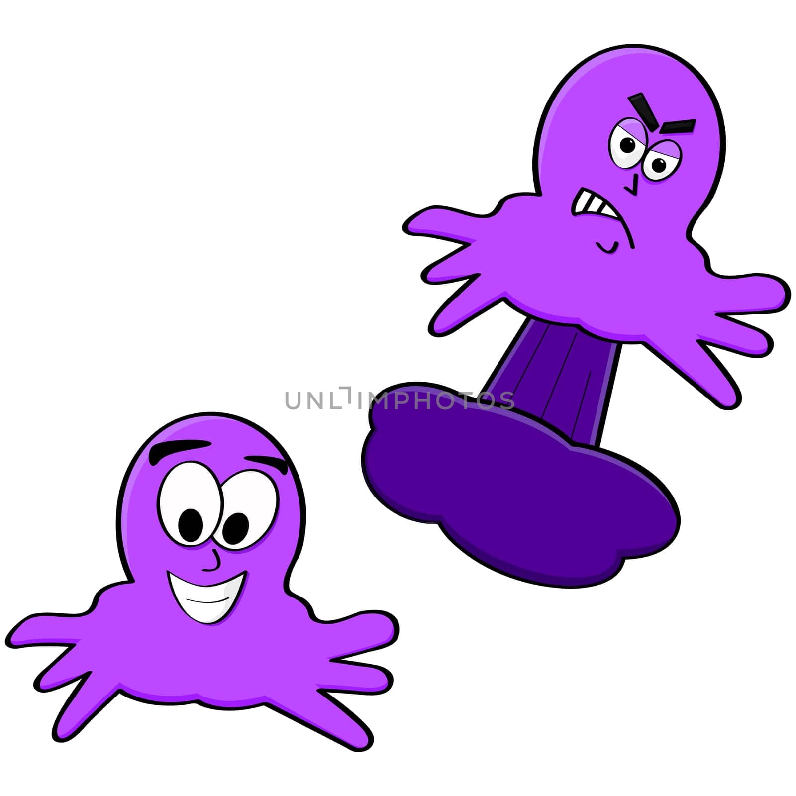 Cartoon illustration showing a happy and an angry octopus