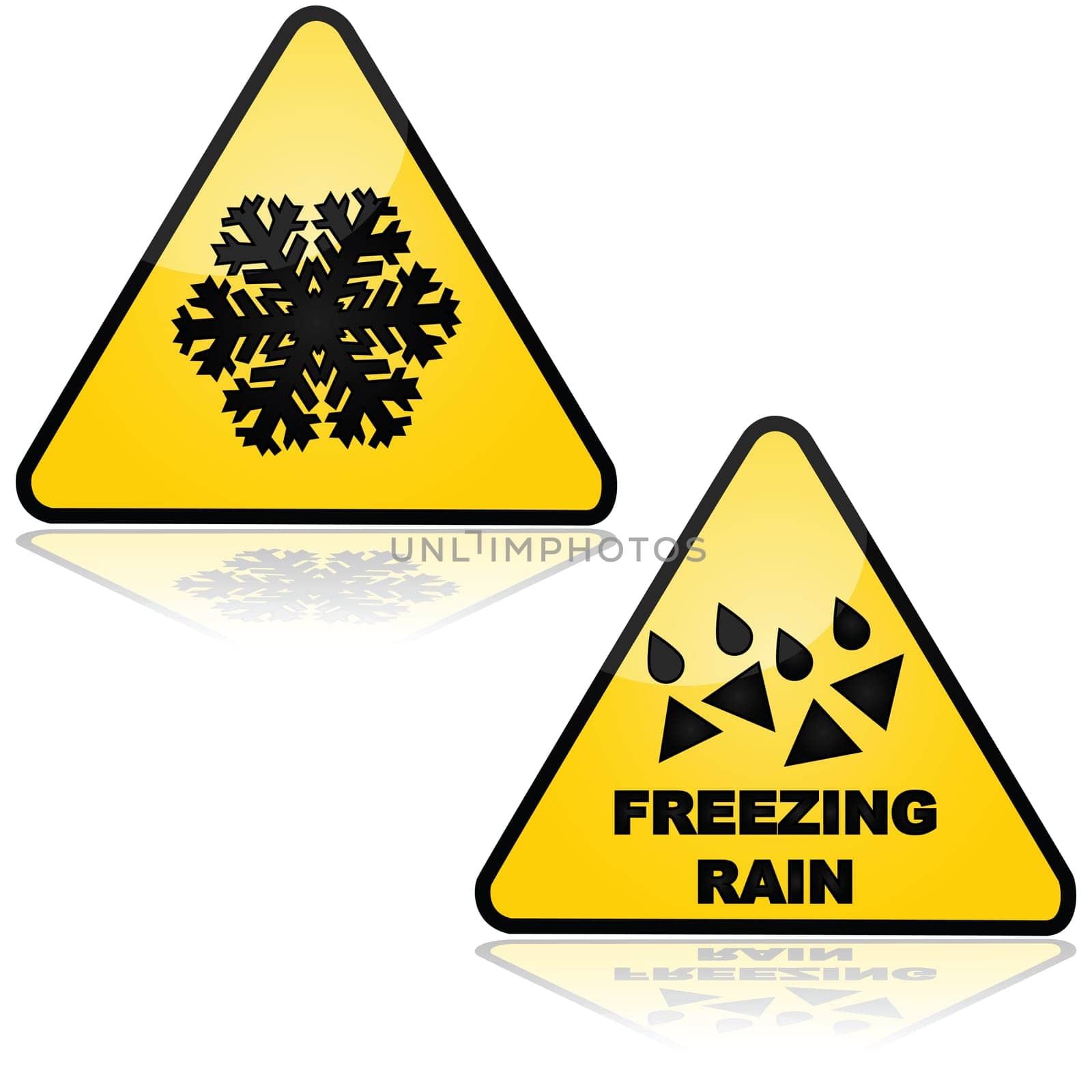 Traffic signs showing warnings for snow and freezing rain