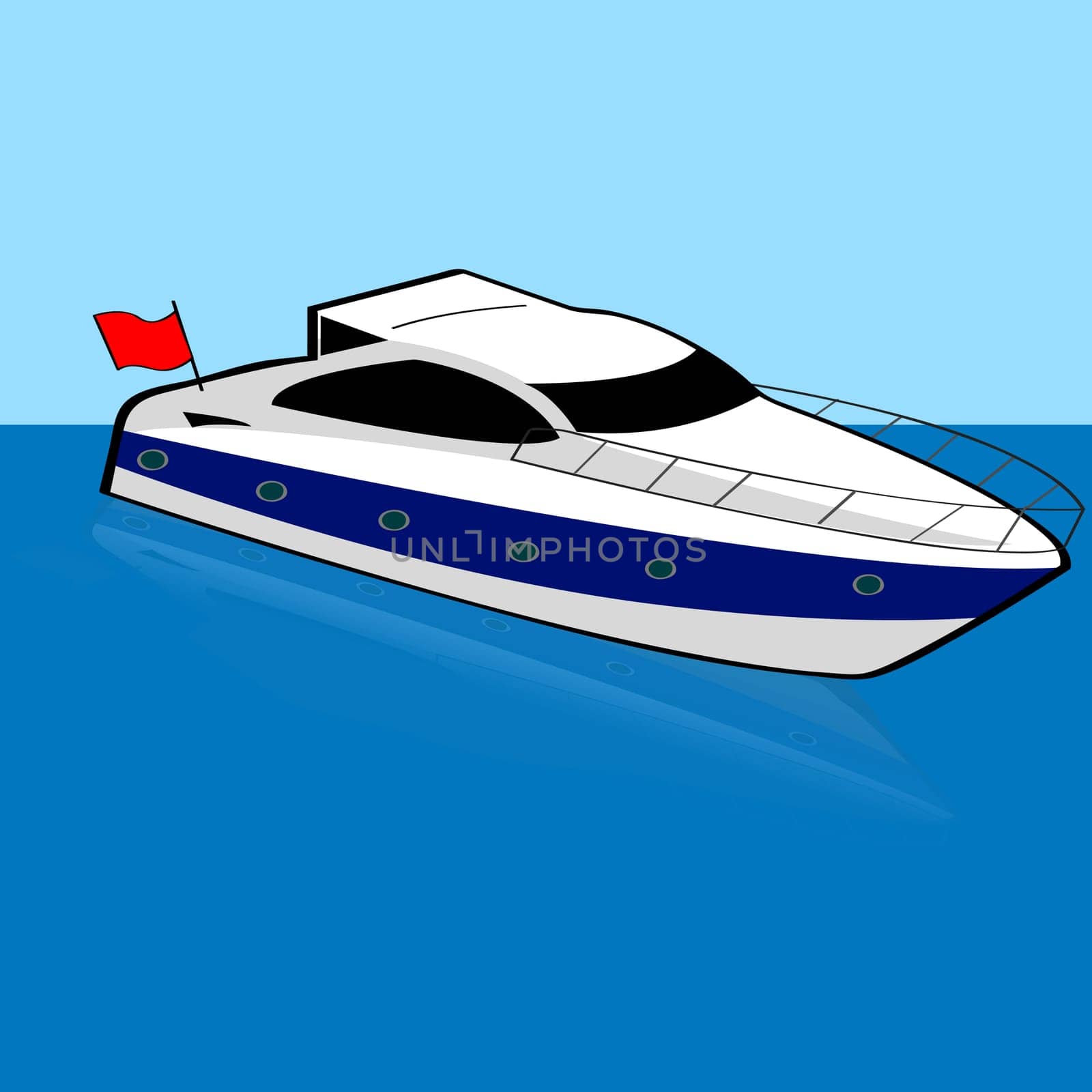 Cartoon illustration of a speed boat anchored on a calm spot