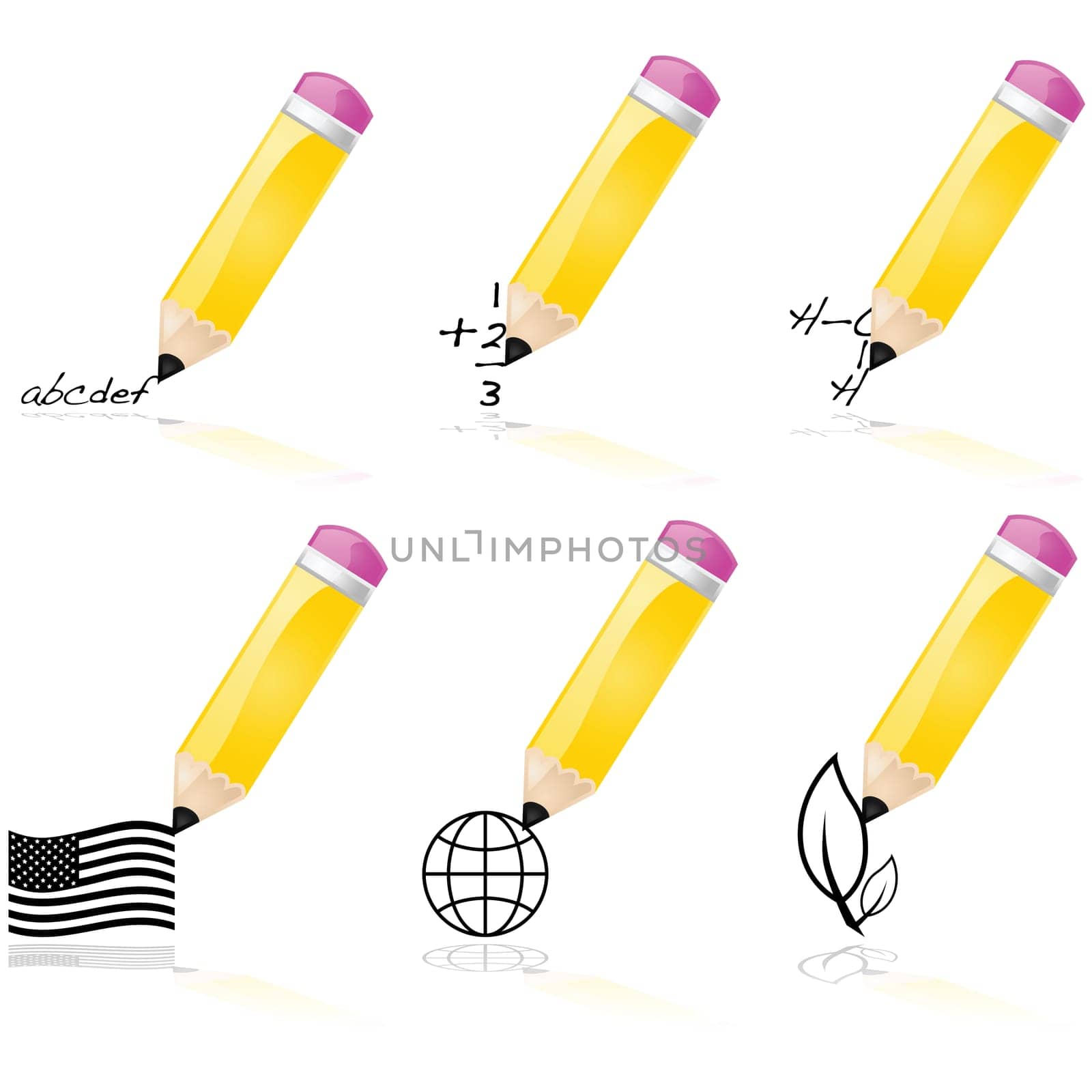 Illustration showing a pencil writing different school subjects