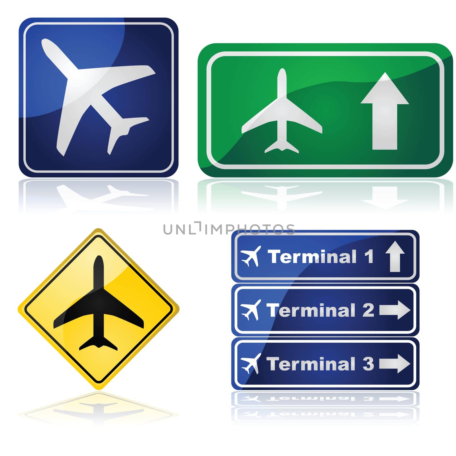 Illustration set showing different traffic signs for airports