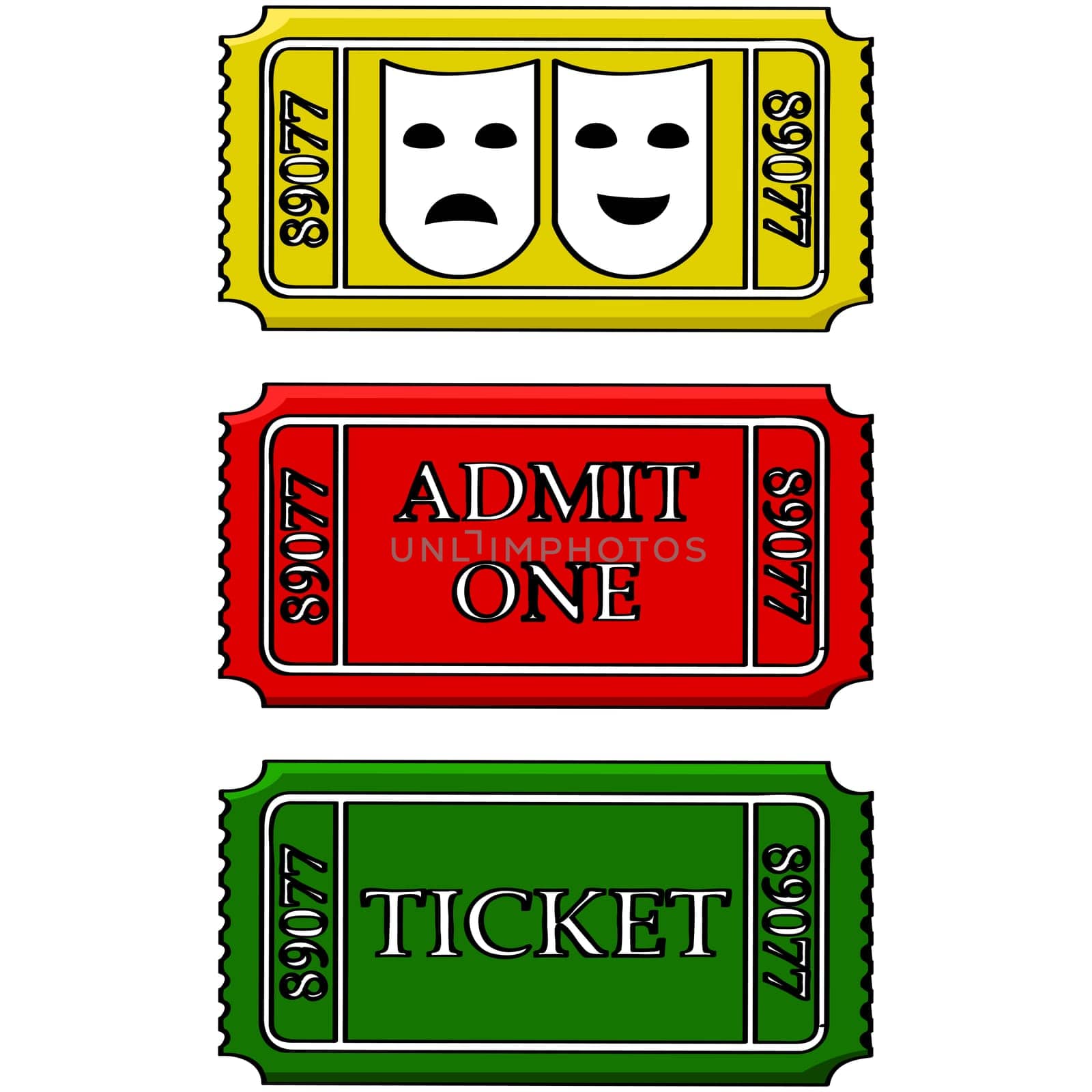 Cartoon illustration showing tickets for the movies and/or theatre