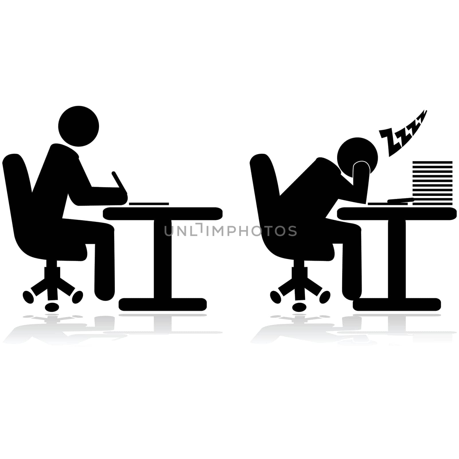 Illustration icons showing an office worker writing and another one tired and sleeping