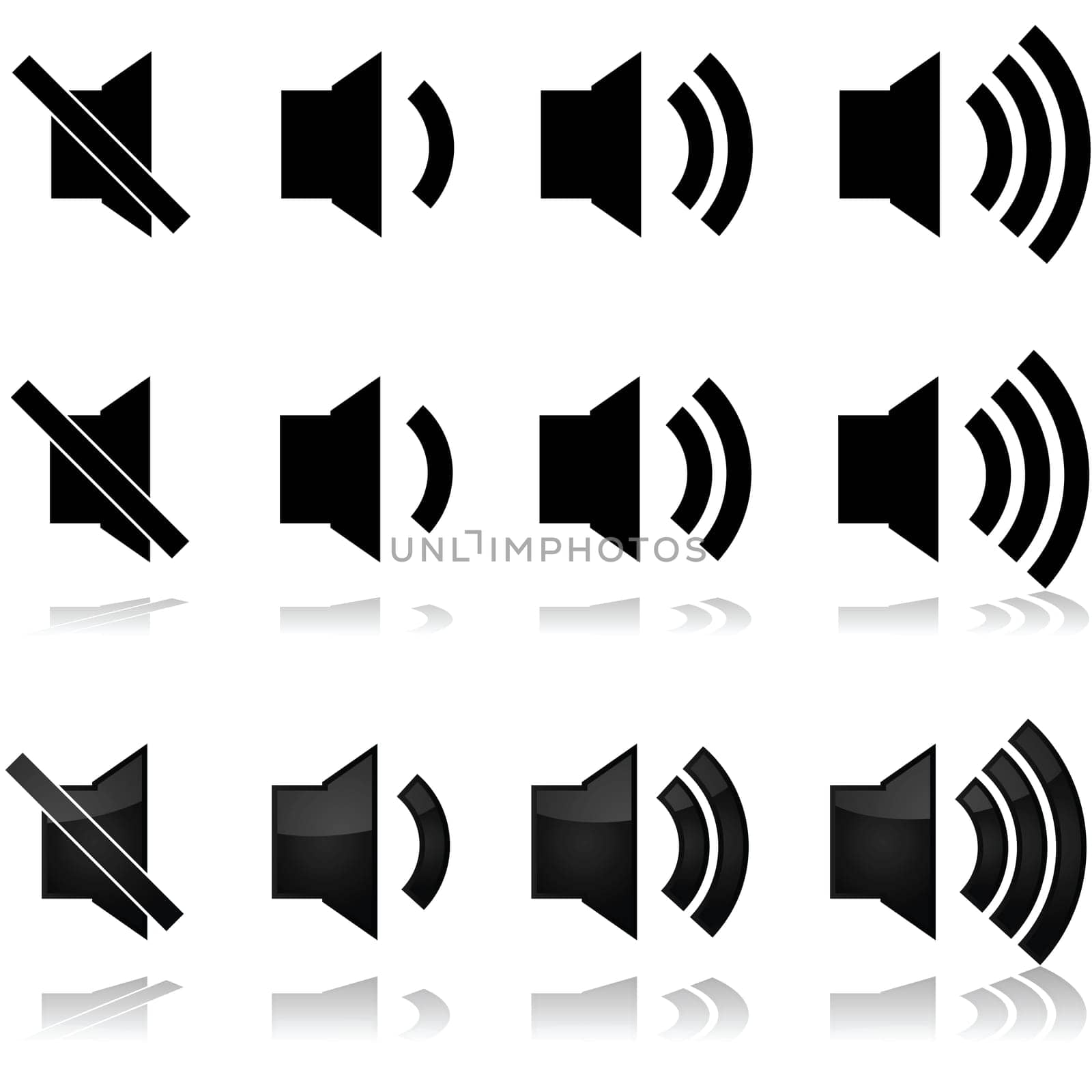 Icon set showing different volume levels for sound systems, computers, TVs...