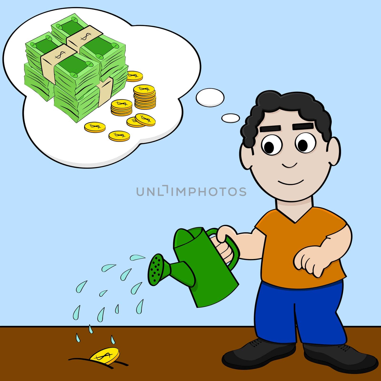 Concept cartoon illustration showing a man watering a coin and dreaming about it growing into more money